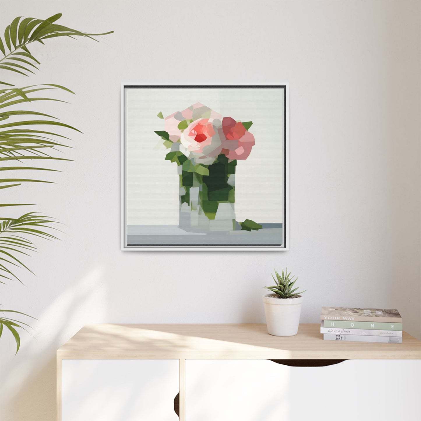 Framed Floral Canvas Print — Modern Pink Roses Still Life