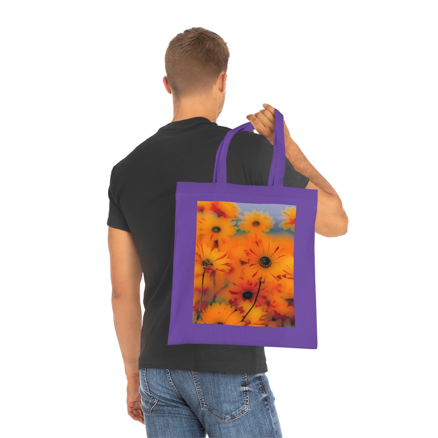 Floral Sunburst Cotton Tote — Bright Orange Daisy Print