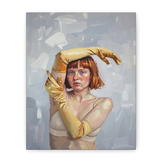 Portrait Canvas Print — Redheaded Woman with Yellow Gloves, Matte Stretched Art