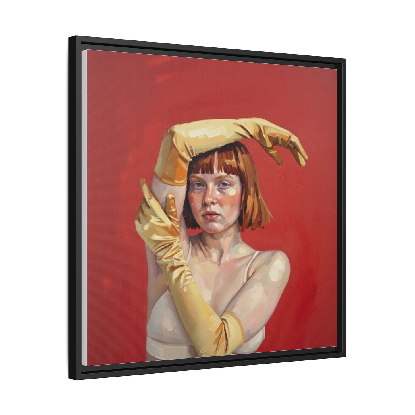 Framed Matte Canvas Art - Portrait of Woman in Yellow Gloves (Red Background)