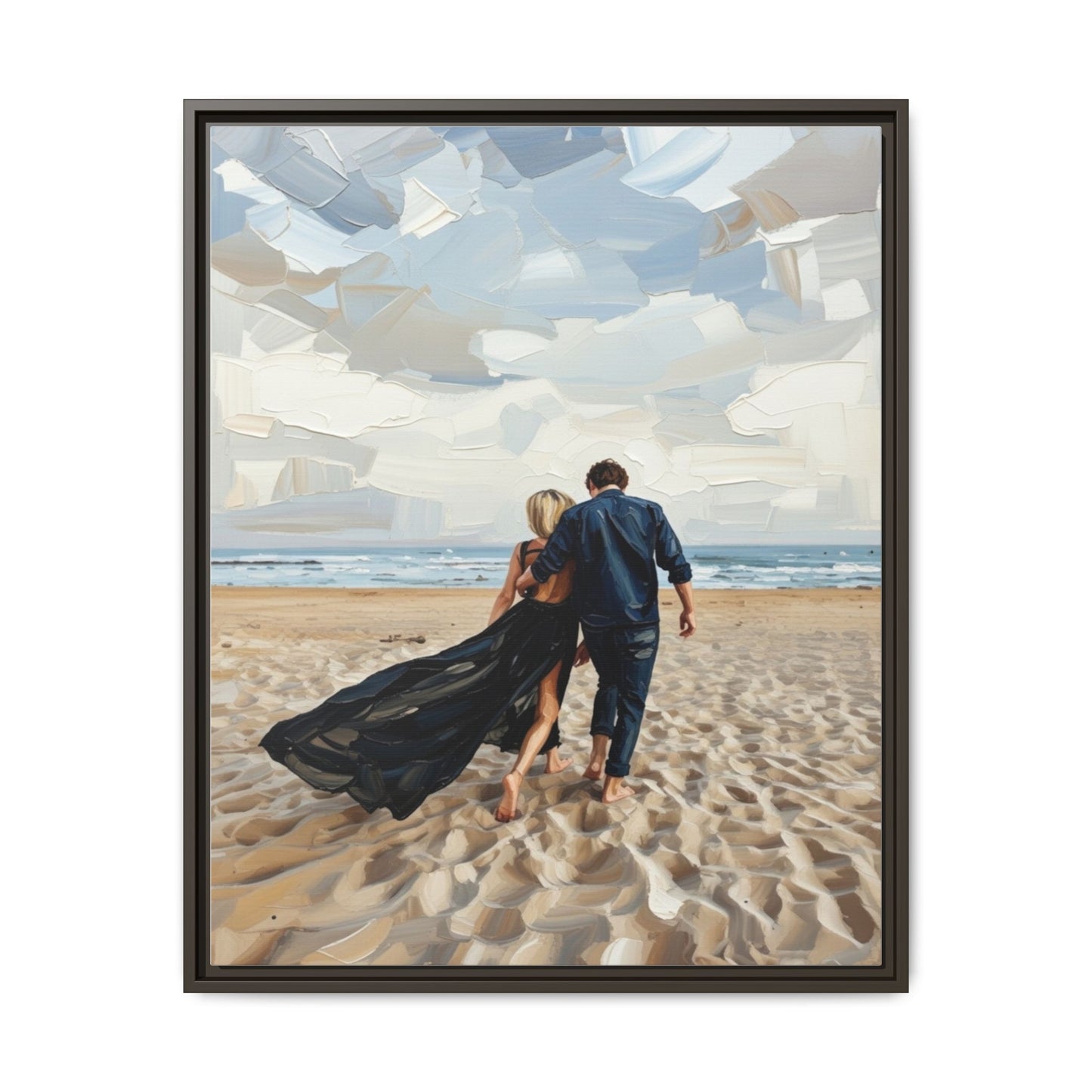 Framed Canvas Wall Art — Romantic Couple Walking on Beach Print