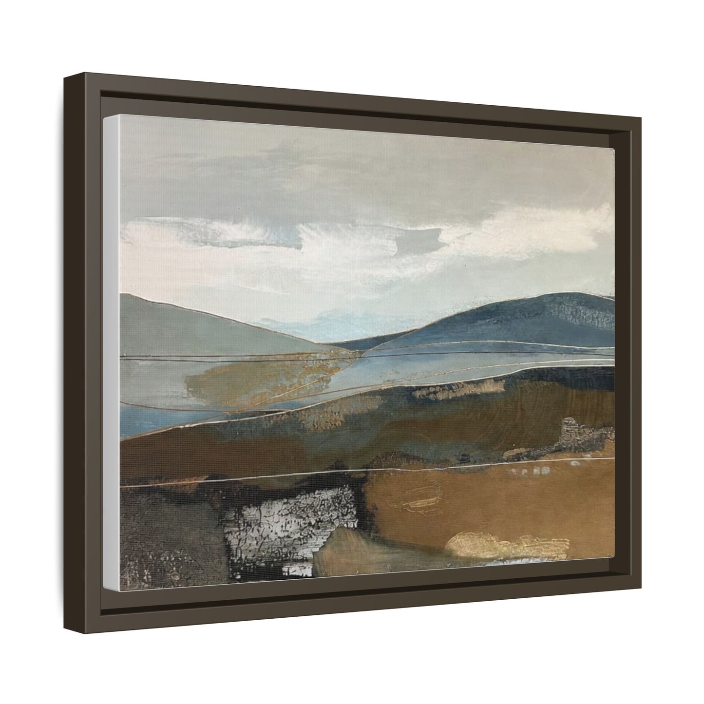 Framed Matte Canvas Landscape Art - Serene Abstract Hills in Blue & Earth Tones