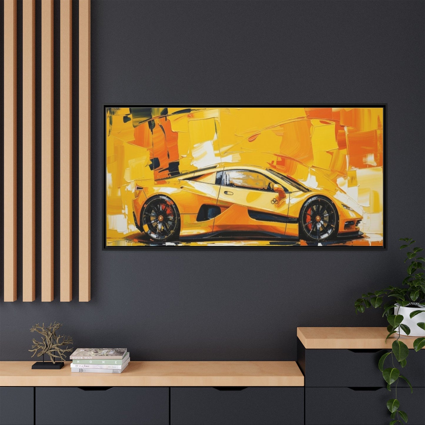 Yellow Sports Car Abstract Matte Canvas Framed Print