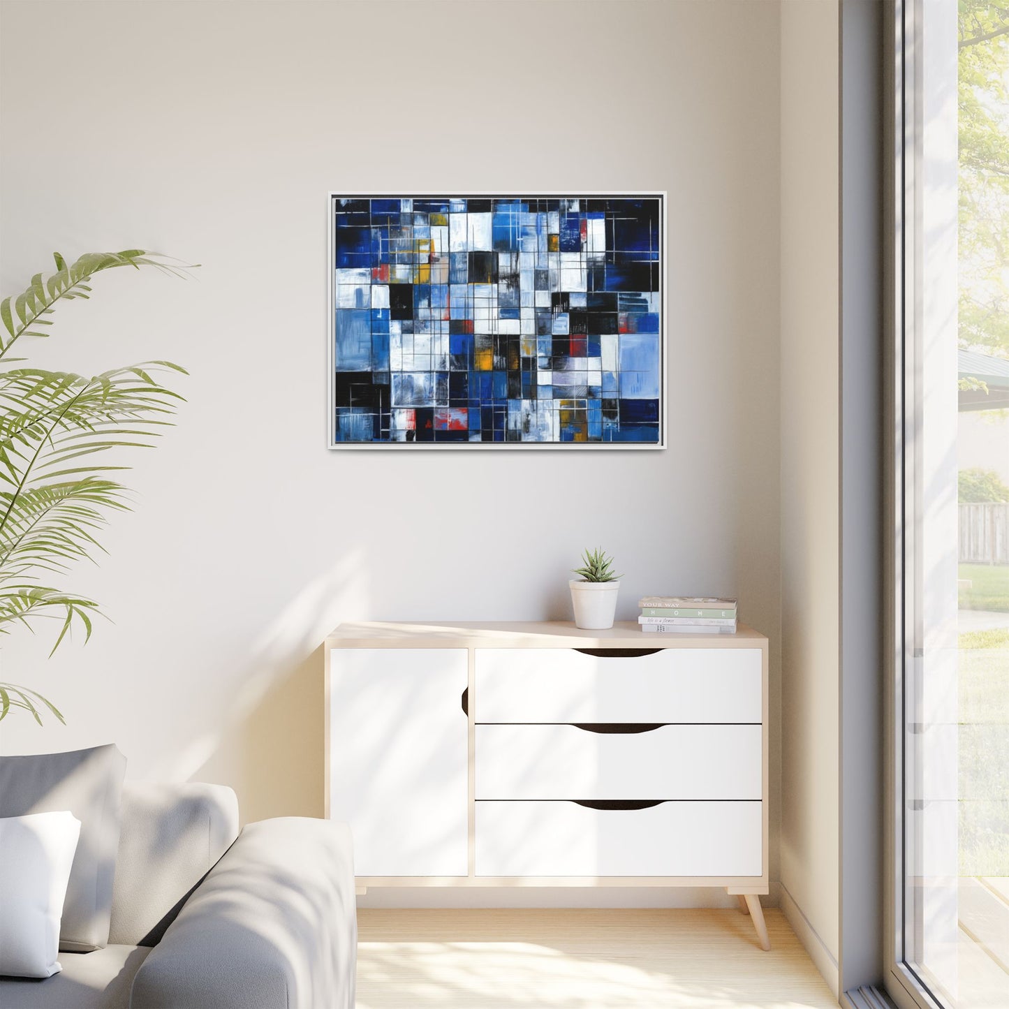 Abstract Blue Grid Matte Canvas Framed Art Print