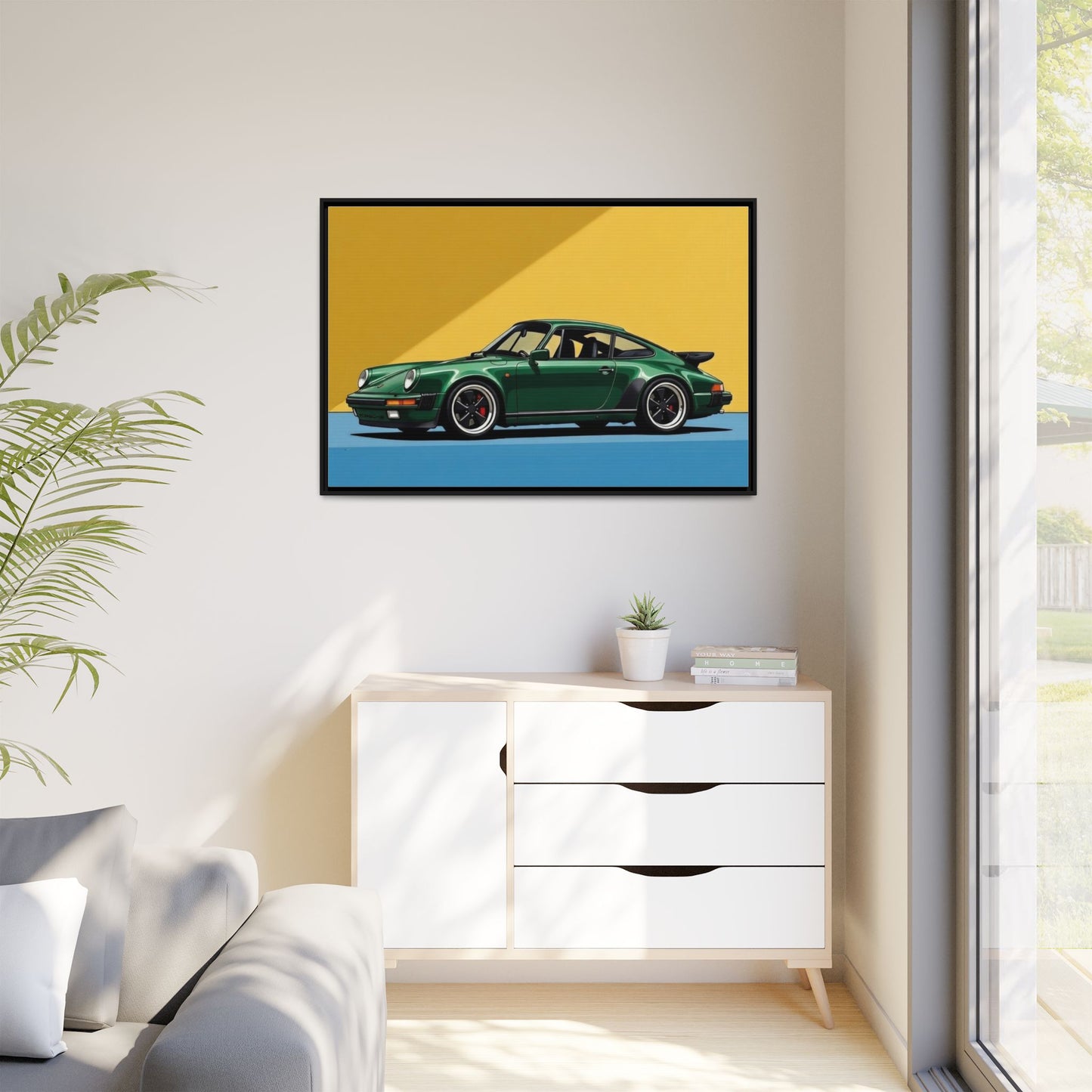 Framed Matte Canvas — Green Sports Car Wall Art