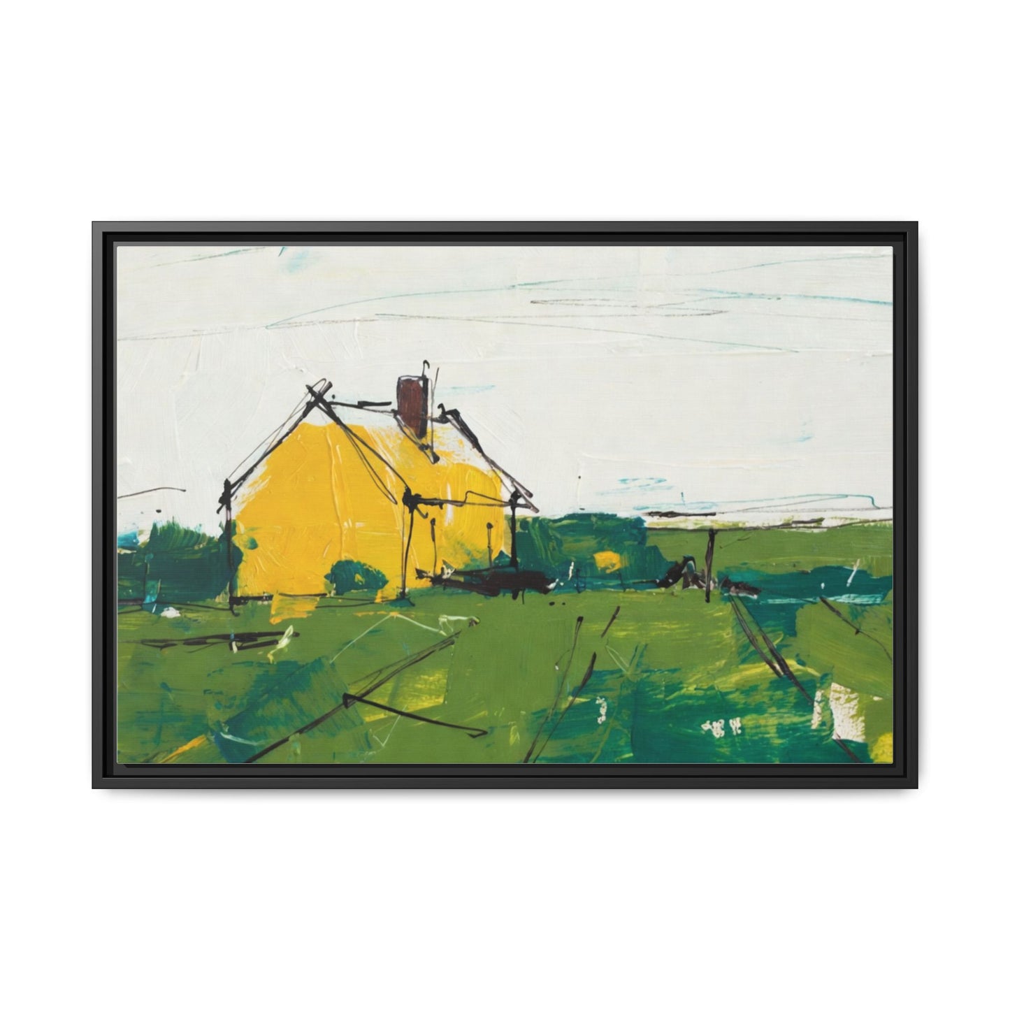 Yellow Cottage Landscape Framed Canvas Print