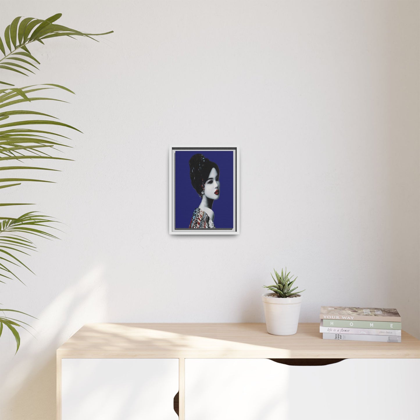 Framed Matte Canvas Art — Elegant Geisha Portrait on Deep Blue