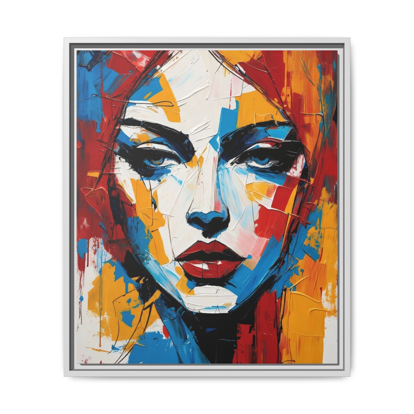 Framed Abstract Portrait Canvas — Colorful Female Face Wall Art