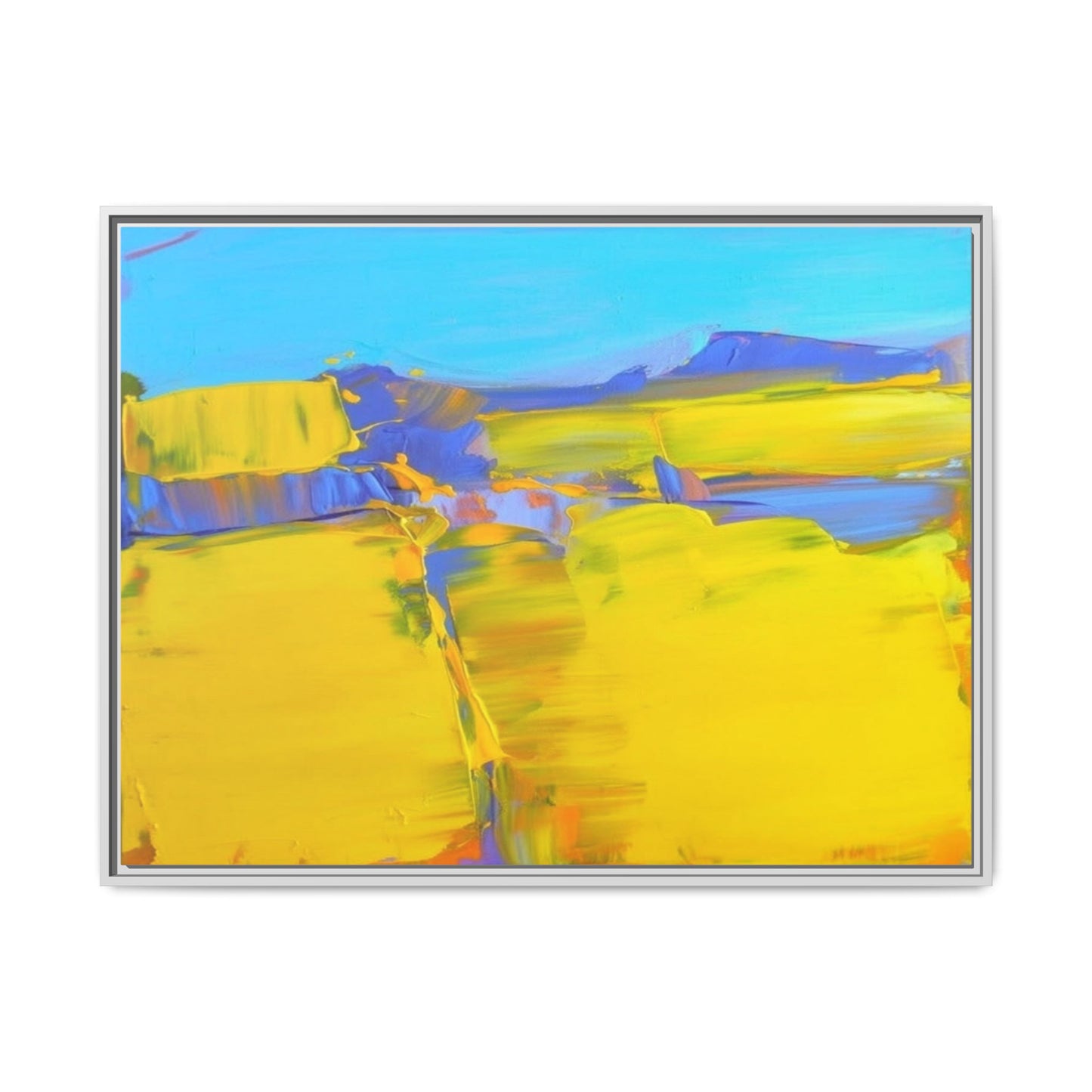 Framed Matte Canvas  Vibrant Yellow Blue Abstract Landscape Art