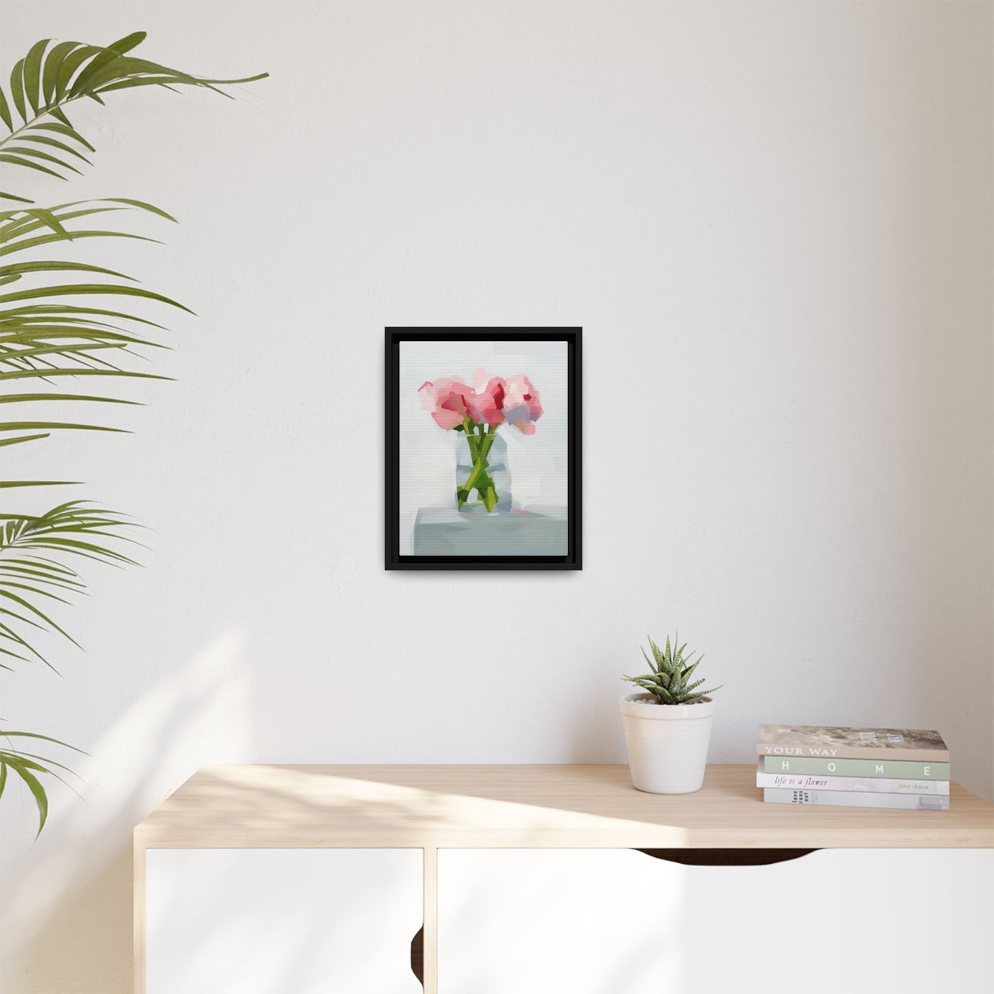 Framed Floral Canvas Art — Pink Peonies in Vase (Matte)