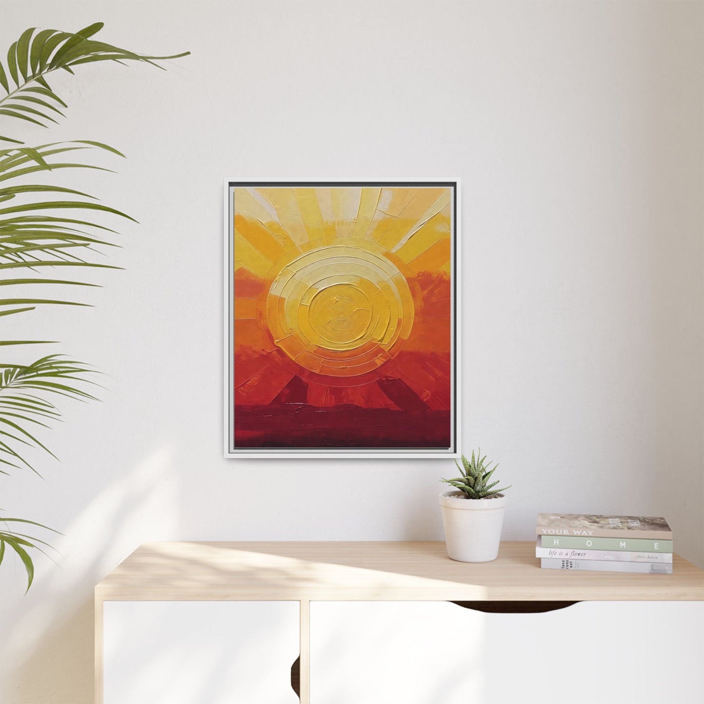 Sunburst Abstract Framed Canvas Art — Matte Multi‑Color Wall Print
