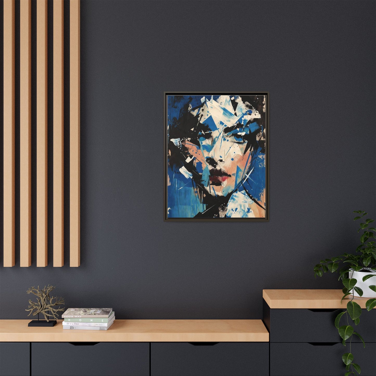 Abstract Portrait Matte Canvas Framed Wall Art — Blue Mixed-Media Face Print