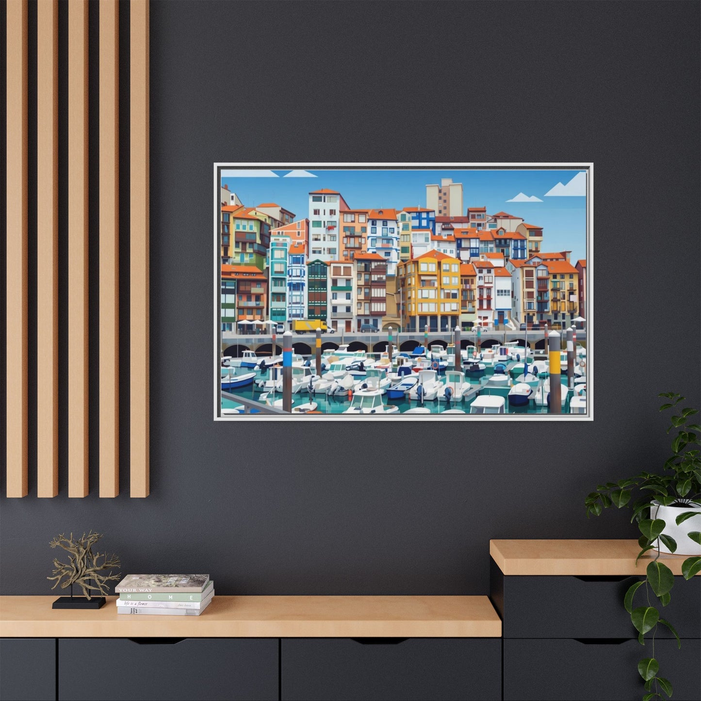 Framed Matte Canvas Print — Colorful Mediterranean Harbor Illustration