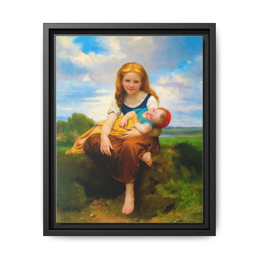 Young Girl Holding Sleeping Baby Canvas Print, Framed Wall Art