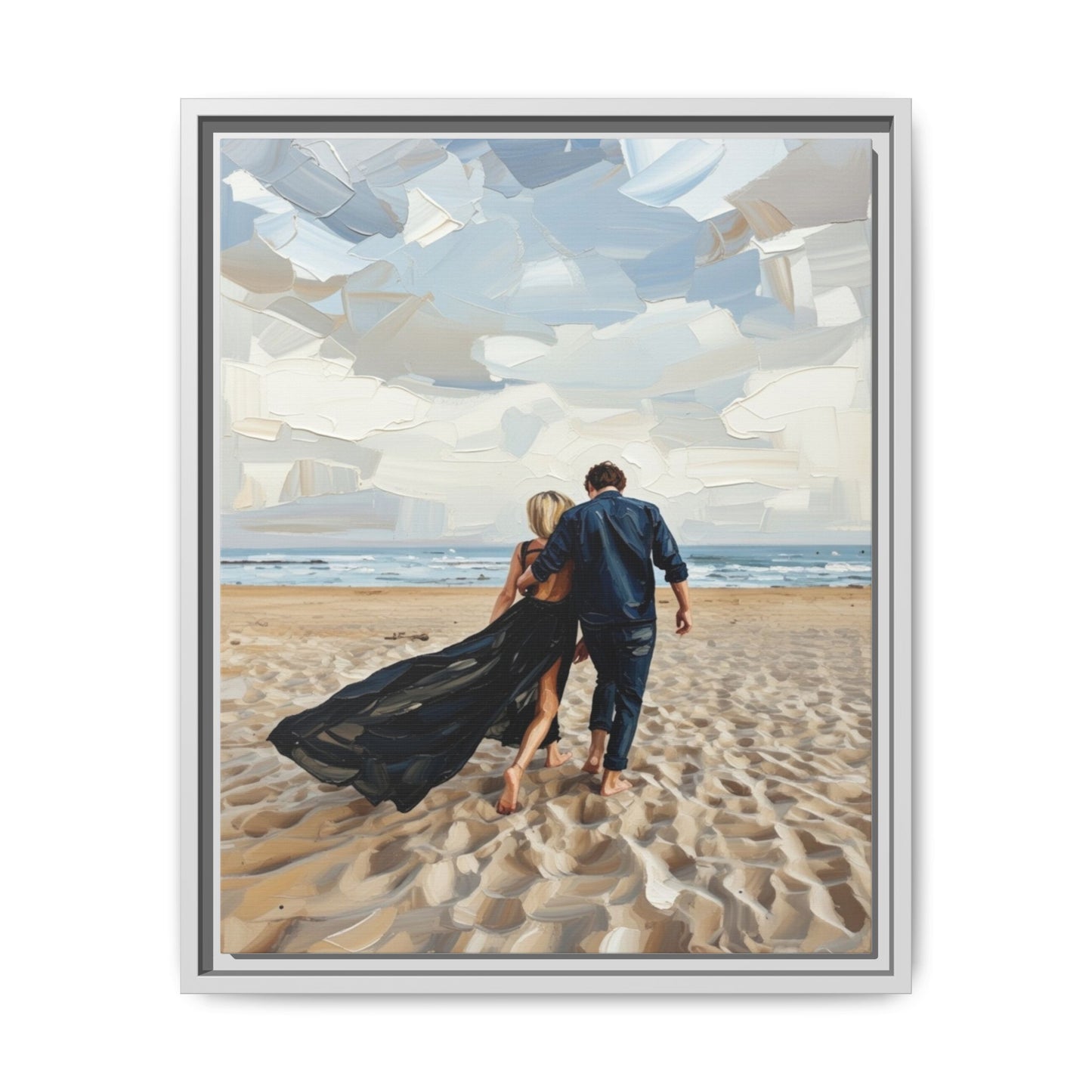 Framed Canvas Wall Art — Romantic Couple Walking on Beach Print