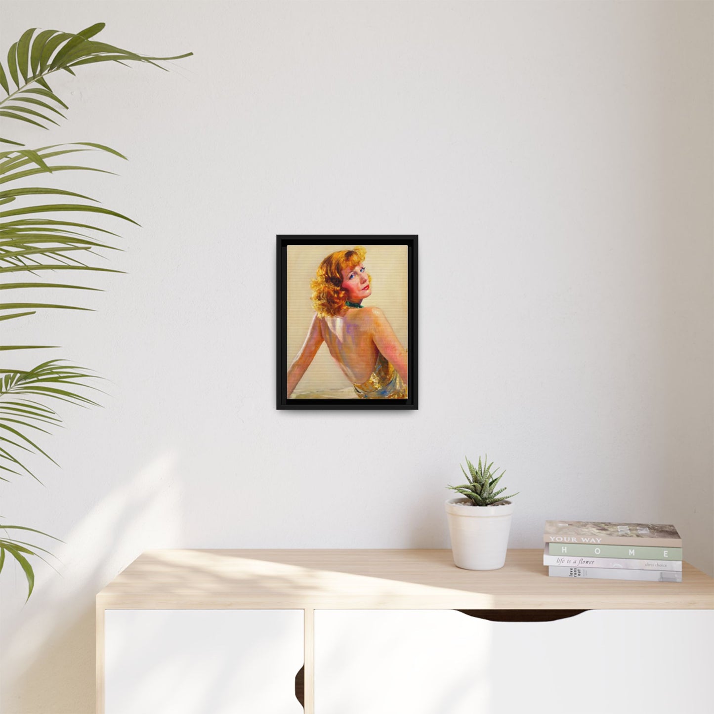 Framed Matte Canvas Print — Vintage Portrait of Redhead Greta Garbo in Gold Dress