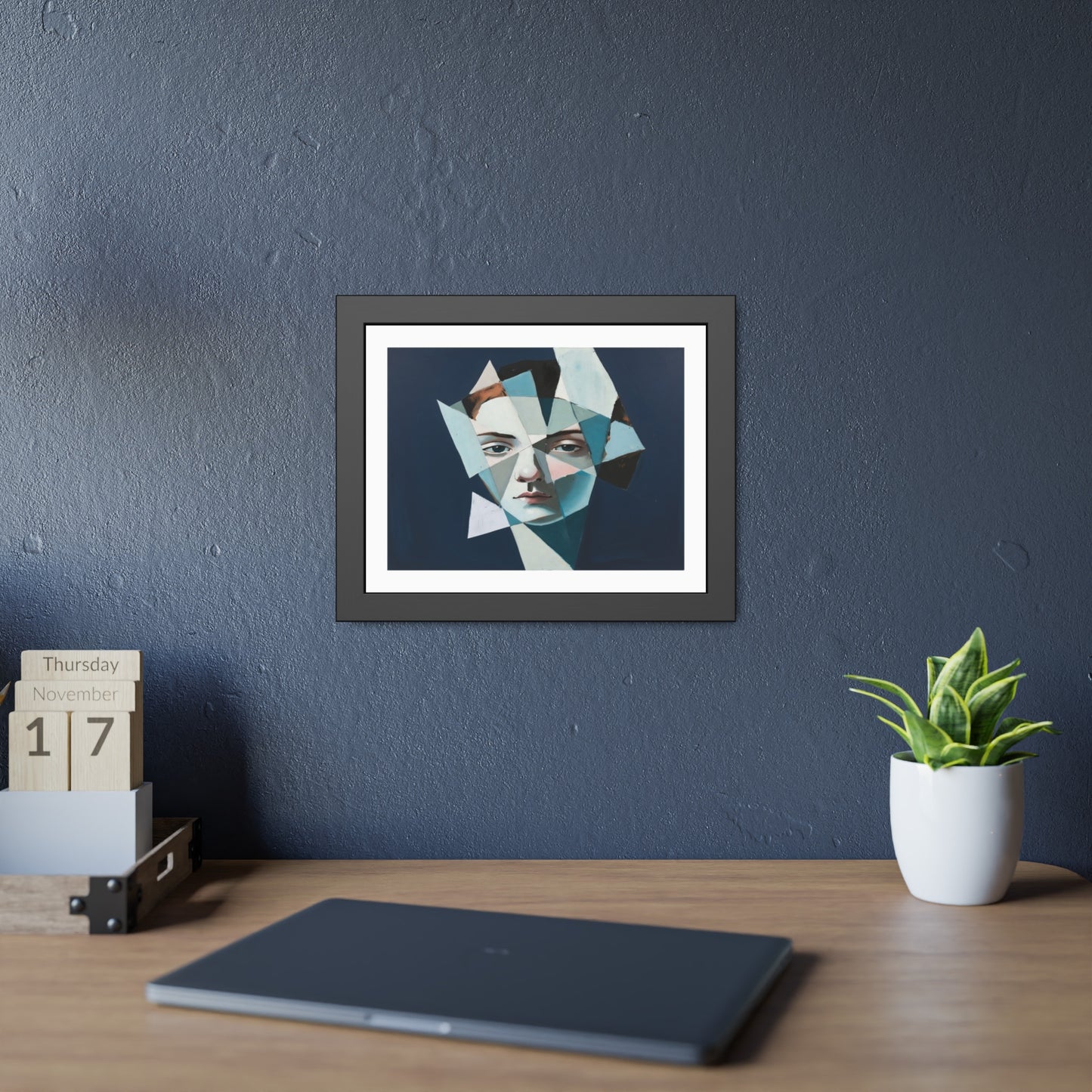 Abstract Geometric Portrait Framed Poster — Modern Blue Art Print