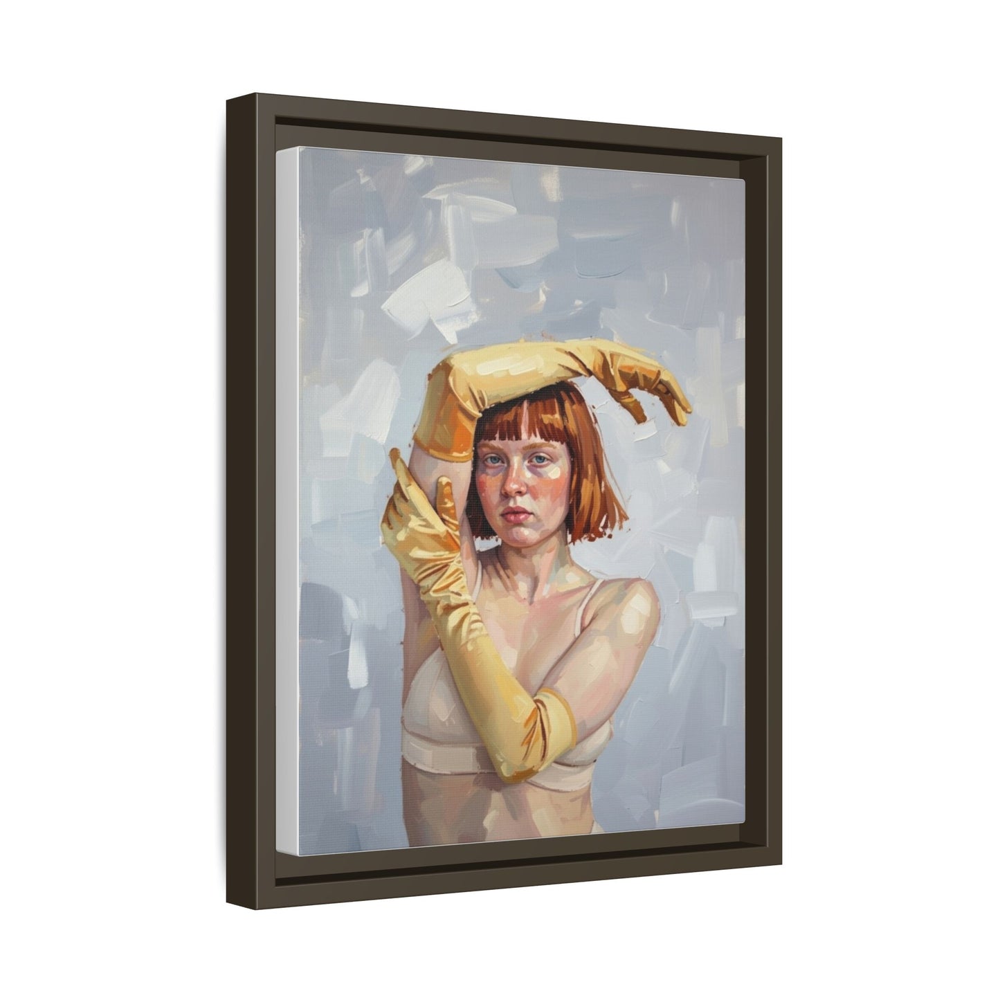 Contemporary Portrait Canvas Print — Woman with Yellow Gloves (Framed Matte)