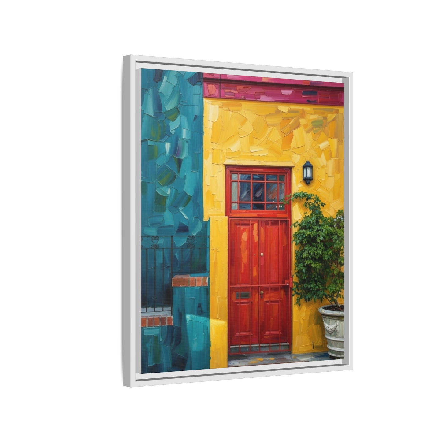 Framed Matte Canvas Wall Art — Colorful Red Door on Yellow Facade
