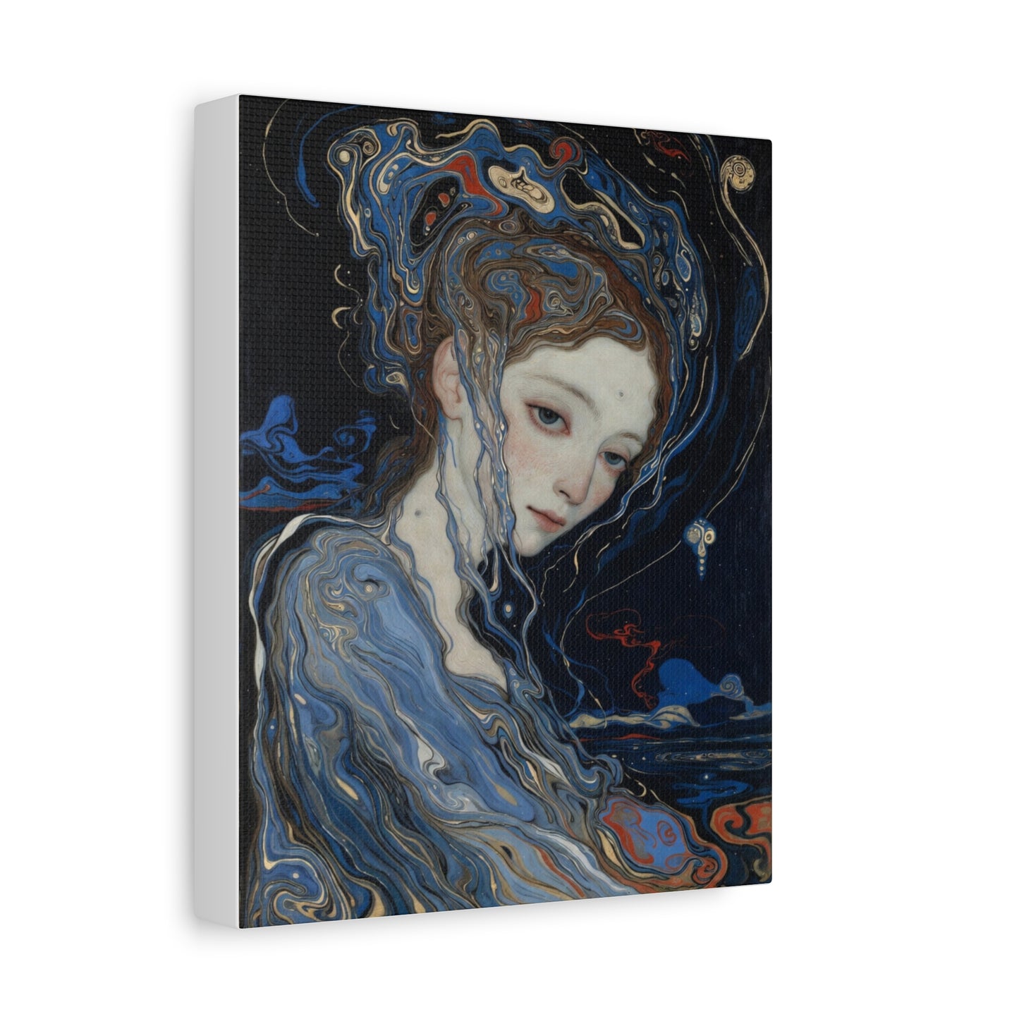 Ethereal Siren Matte Canvas Wall Art — Surreal Blue Portrait, Stretched 1.25"