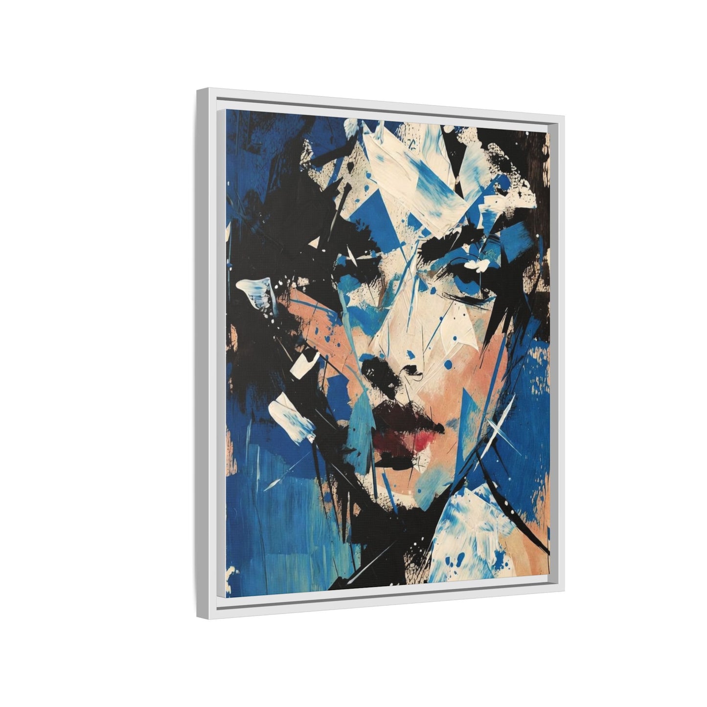 Abstract Portrait Matte Canvas Framed Wall Art — Blue Mixed-Media Face Print