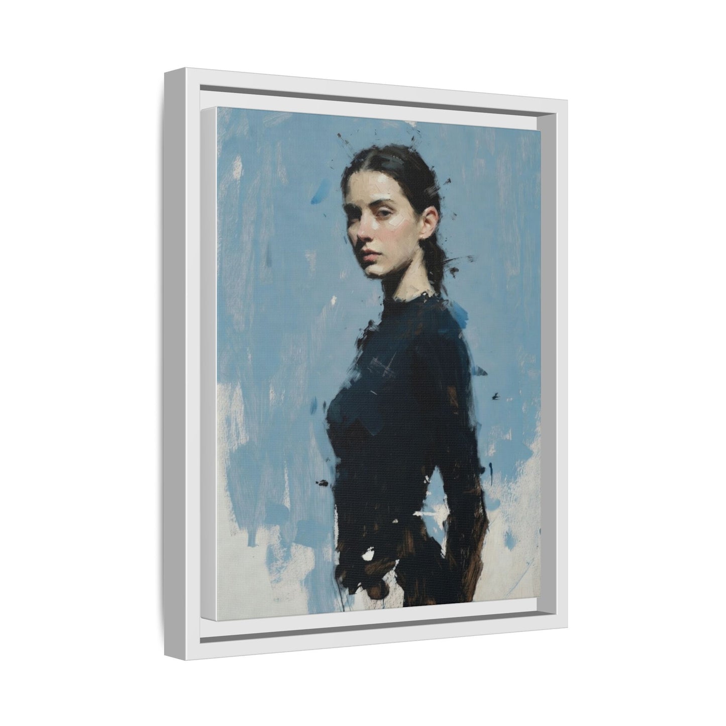 Framed Matte Canvas Portrait Print — Elegant Blue Woman Art