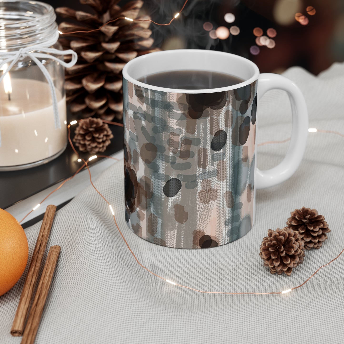 Abstract Earth-Tone Pattern Mug — Neutral Watercolor Dots & Strokes 11oz