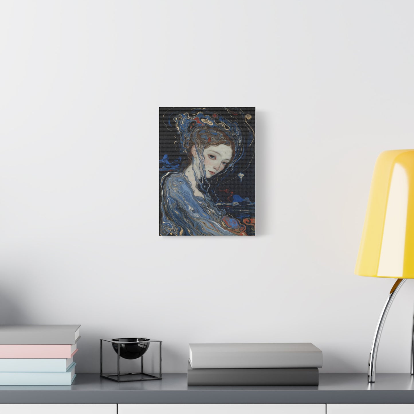 Ethereal Siren Matte Canvas Wall Art — Surreal Blue Portrait, Stretched 1.25"