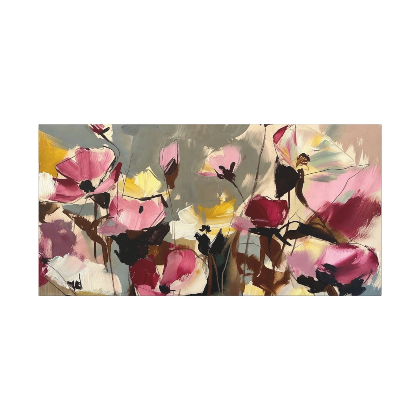 Floral Abstract Canvas Wall Art — Pink & Yellow Bloom Stretched Matte Print