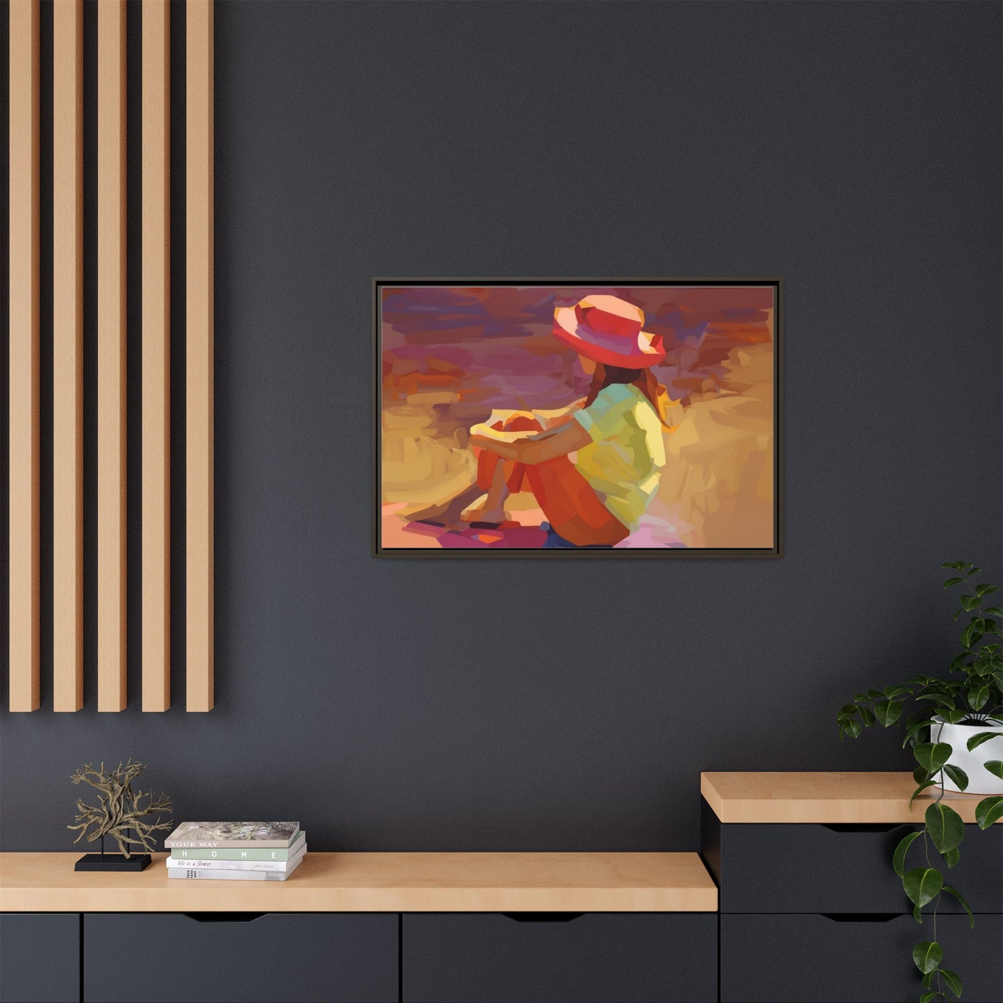 Framed Matte Canvas — Colorful Seated Girl Beach Art
