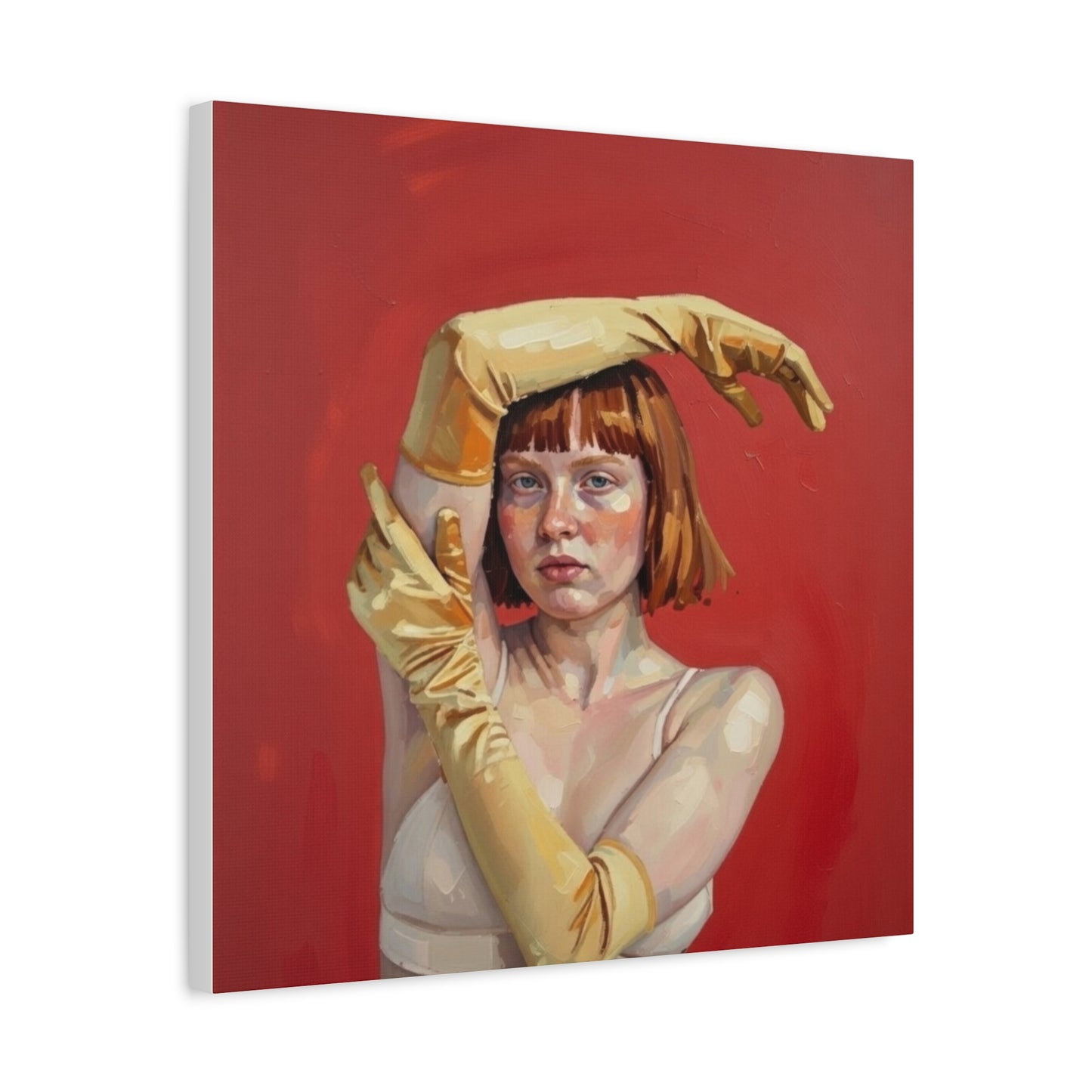 Figurative Portrait Canvas — Woman with Yellow Gloves on Red Background