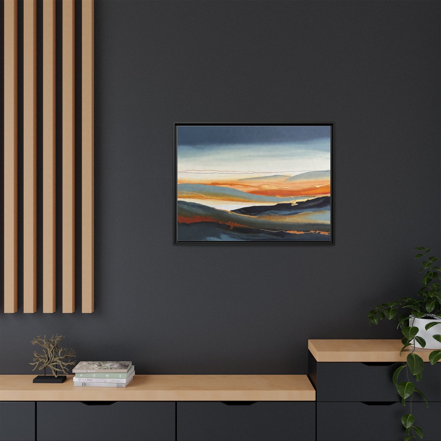 Framed Matte Canvas: Abstract Coastal Sunset Landscape Wall Art