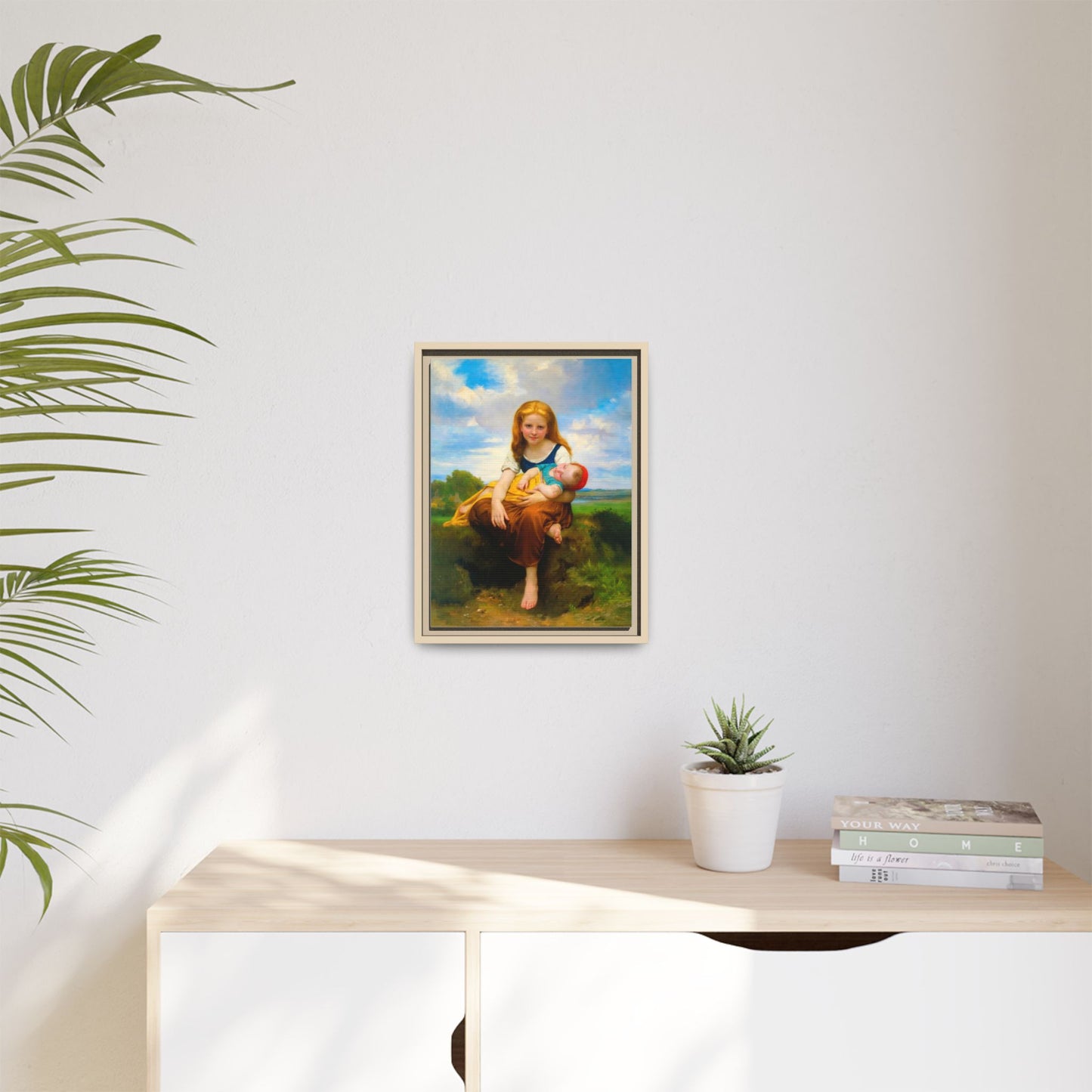Young Girl Holding Sleeping Baby Canvas Print, Framed Wall Art