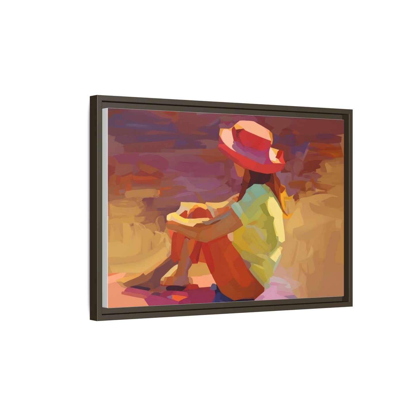 Framed Matte Canvas — Colorful Seated Girl Beach Art