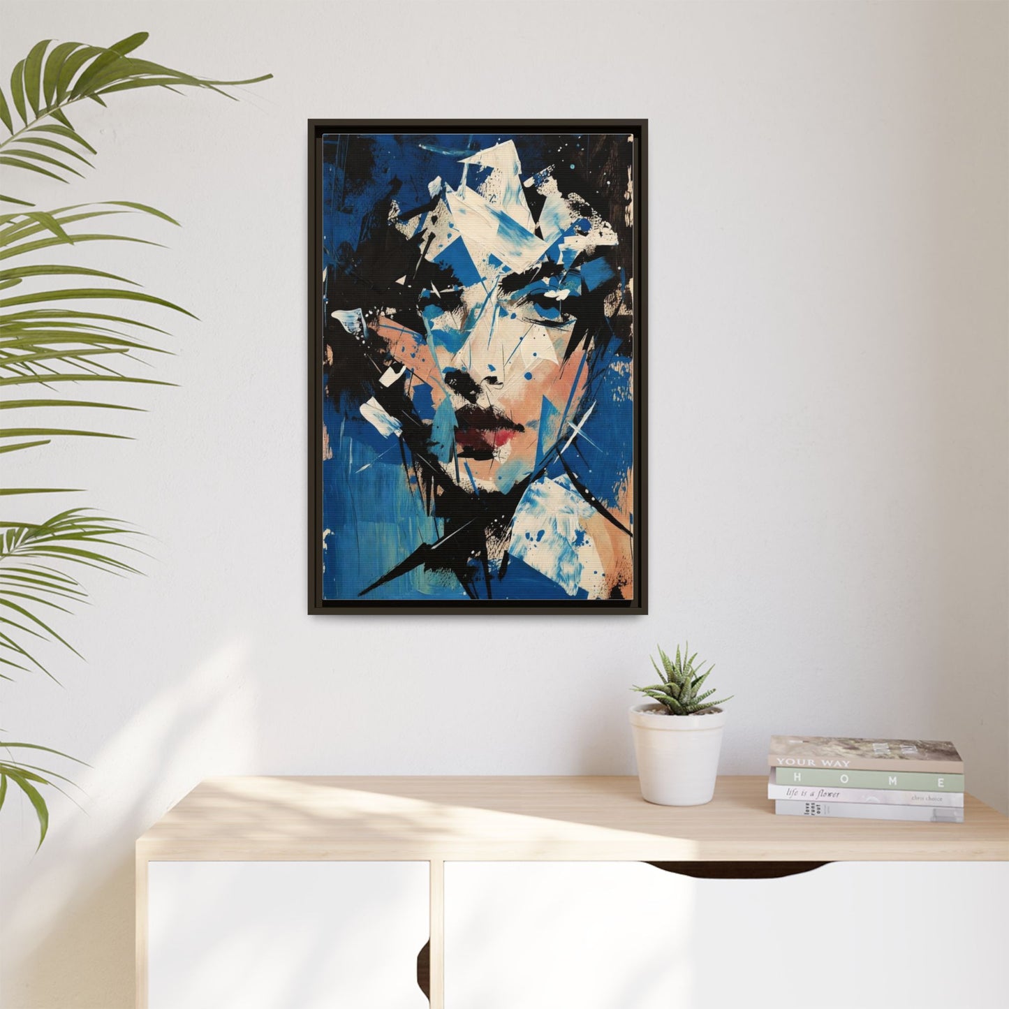 Abstract Portrait Matte Canvas Framed Wall Art — Blue Mixed-Media Face Print