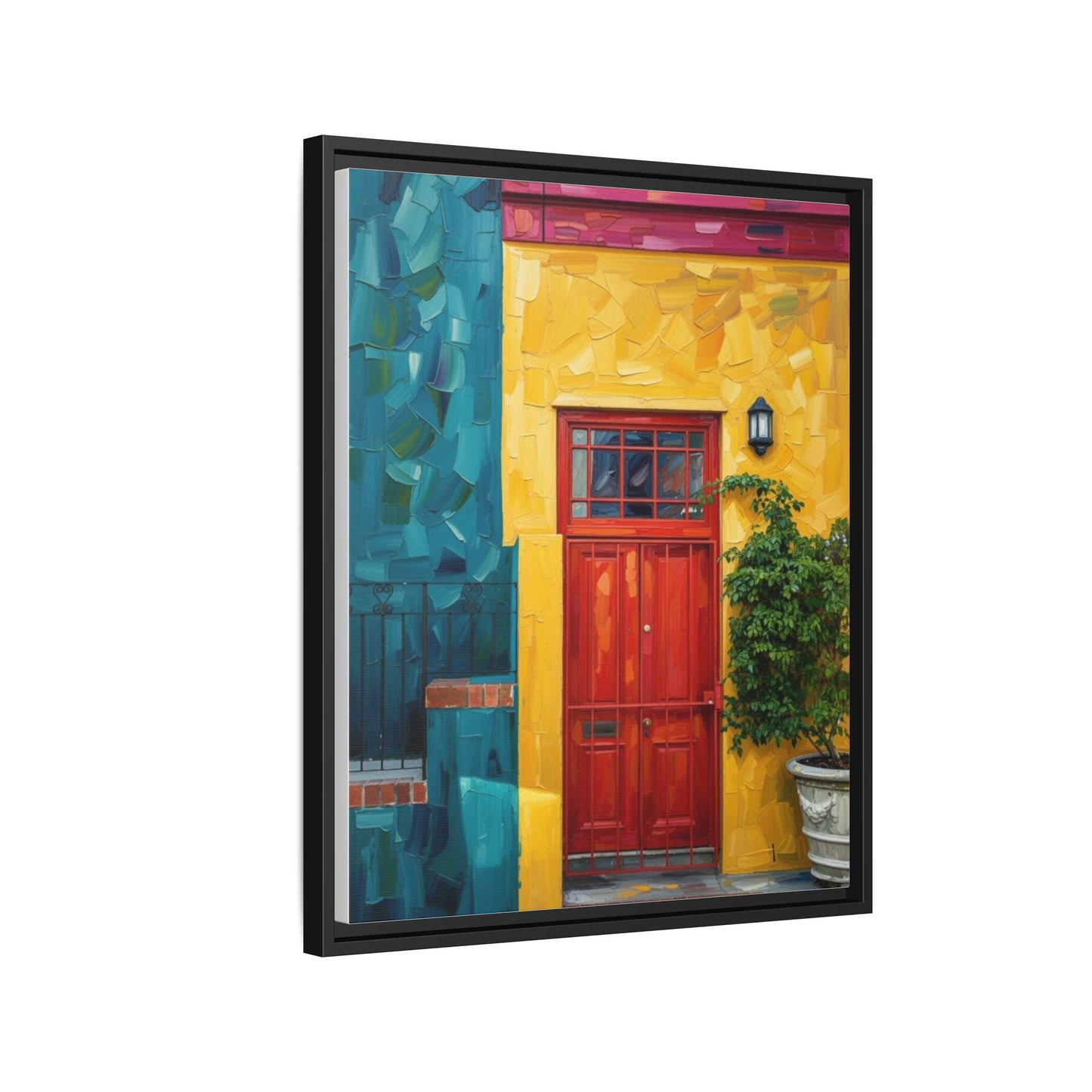 Framed Matte Canvas Wall Art — Colorful Red Door on Yellow Facade