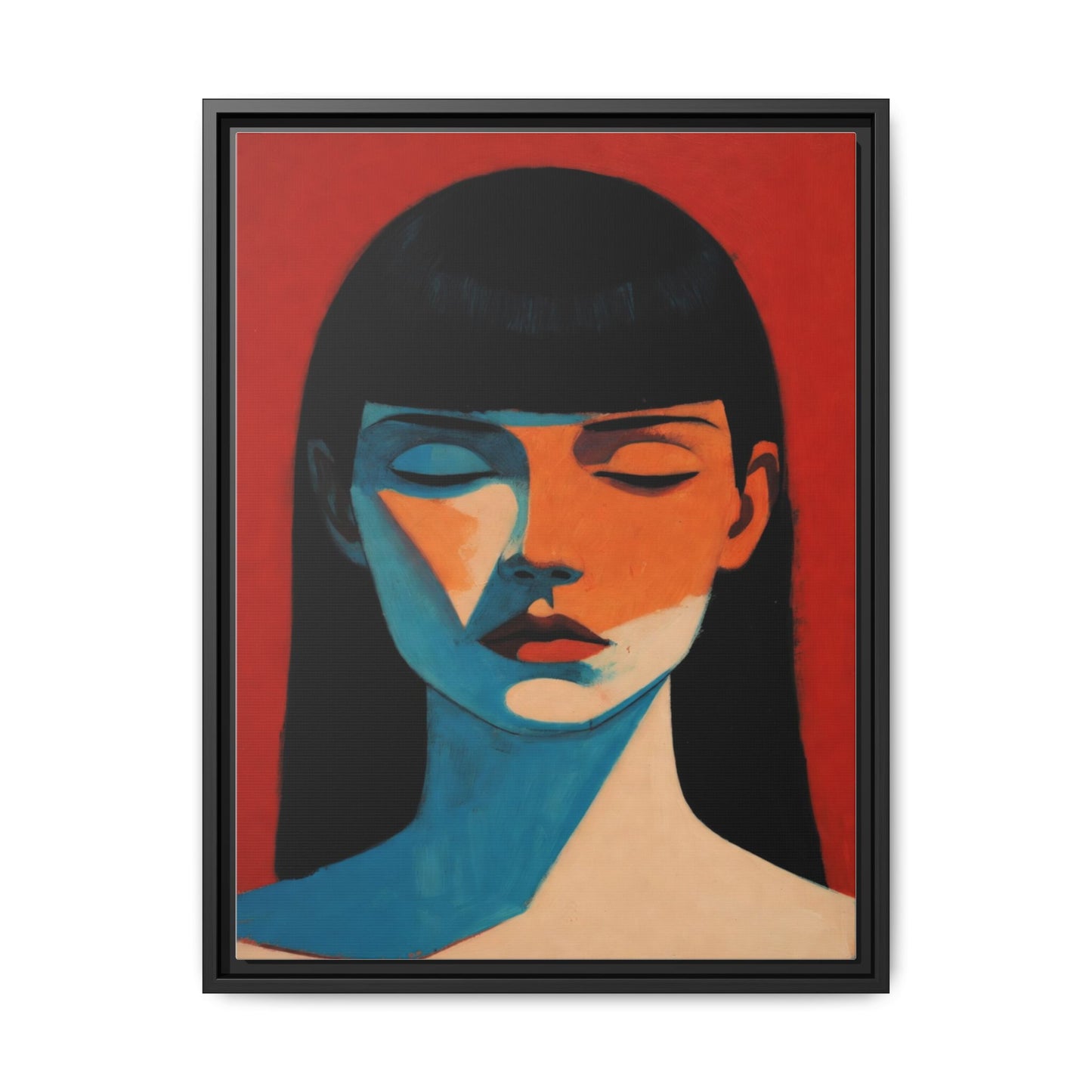 Framed Matte Canvas Art – Minimalist Portrait in Red & Teal