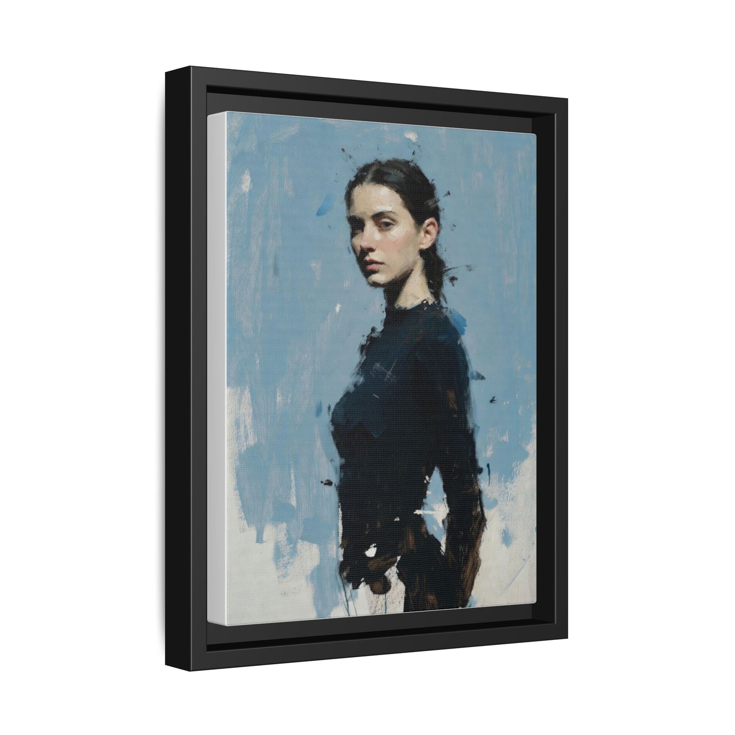 Framed Matte Canvas Portrait Print — Elegant Blue Woman Art