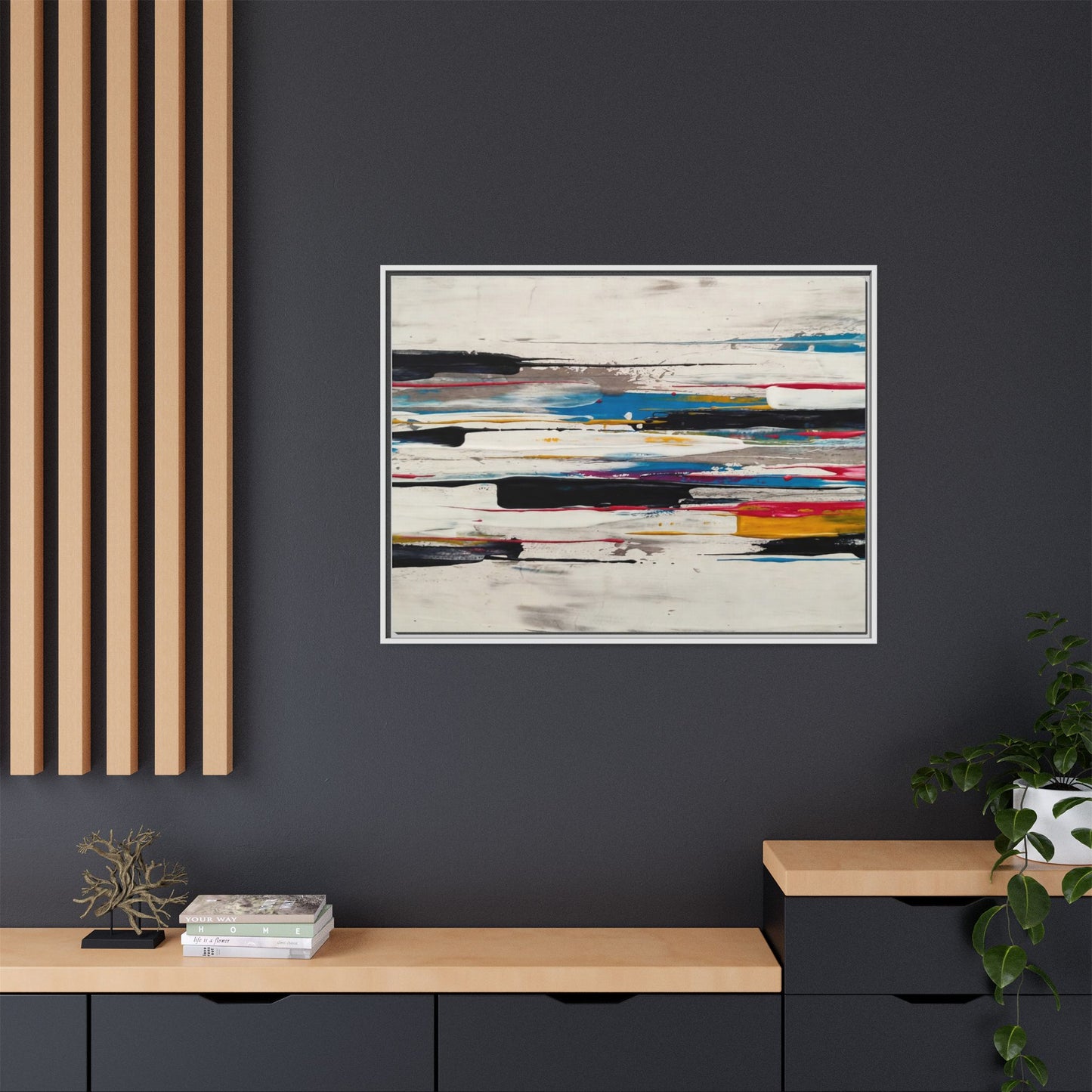 Abstract Multi-Color Framed Canvas Wall Art — Modern Horizontal Brushstroke Print