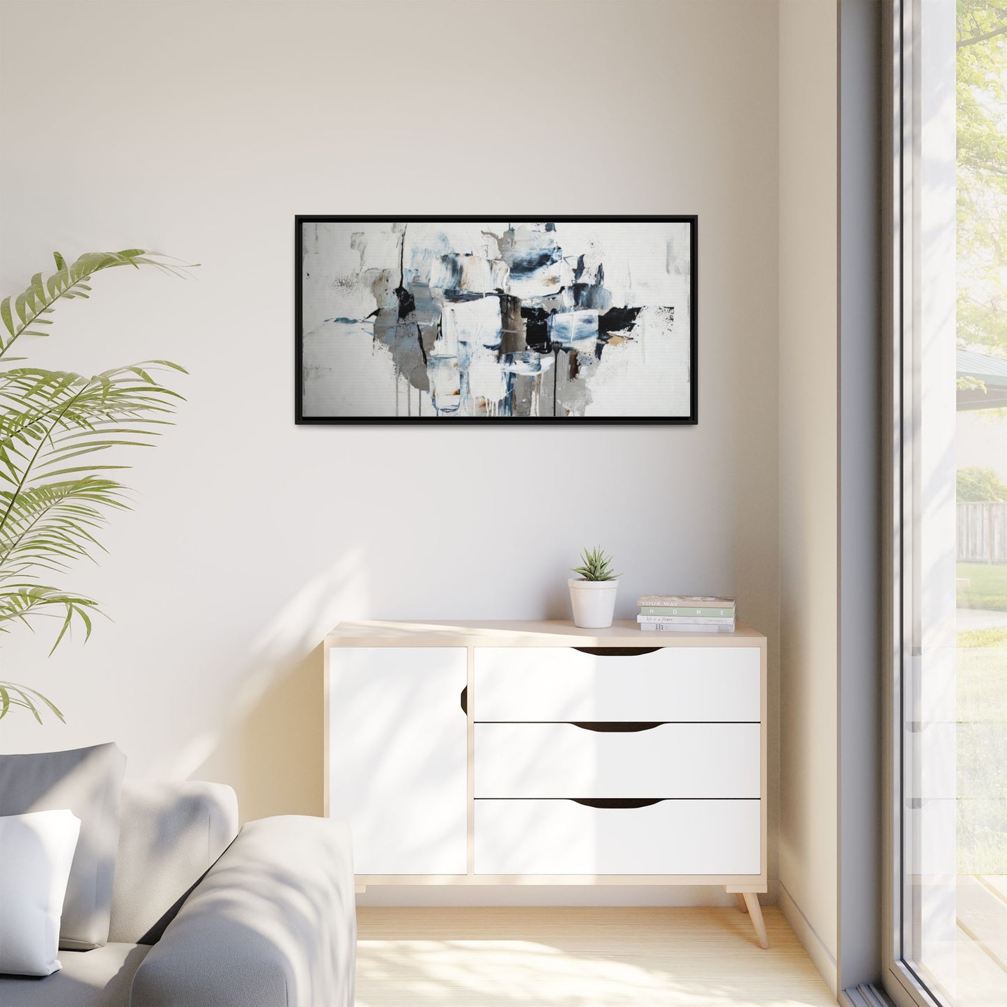 Framed Abstract Canvas Art — Blue Neutral Modern Wall Print