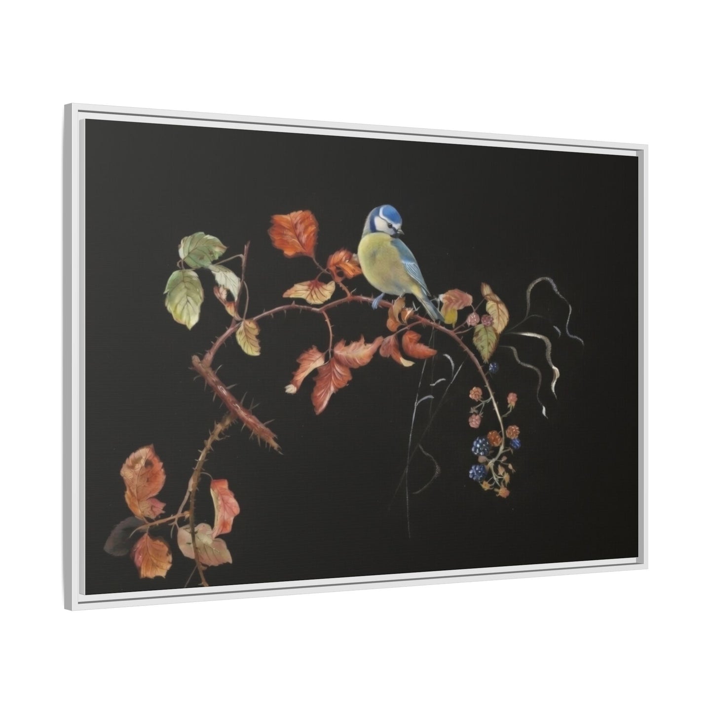 Framed Matte Canvas - Blue Tit on Autumn Branch Wall Art