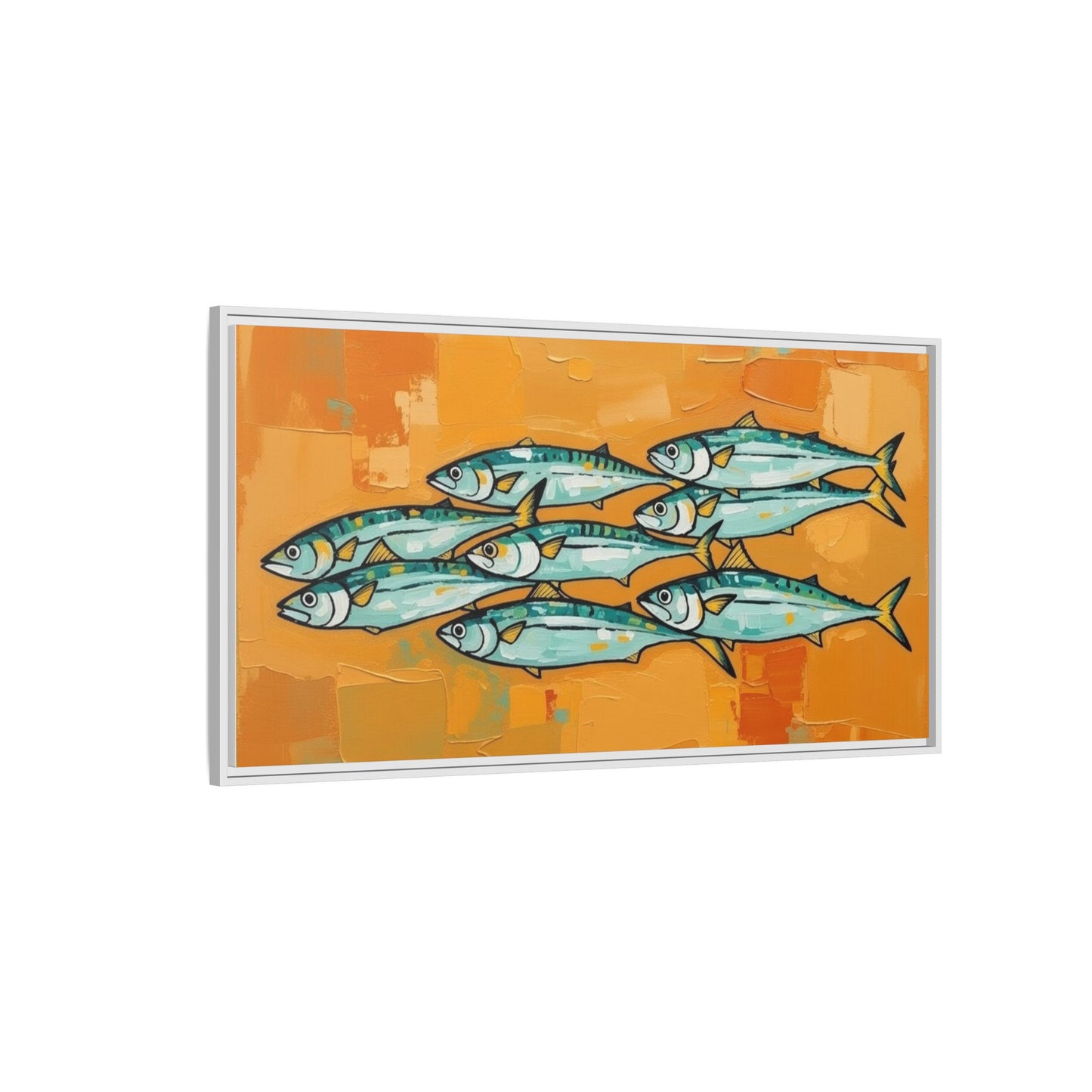 Framed Matte Canvas Print — School of Blue Fish on Orange Abstract Background