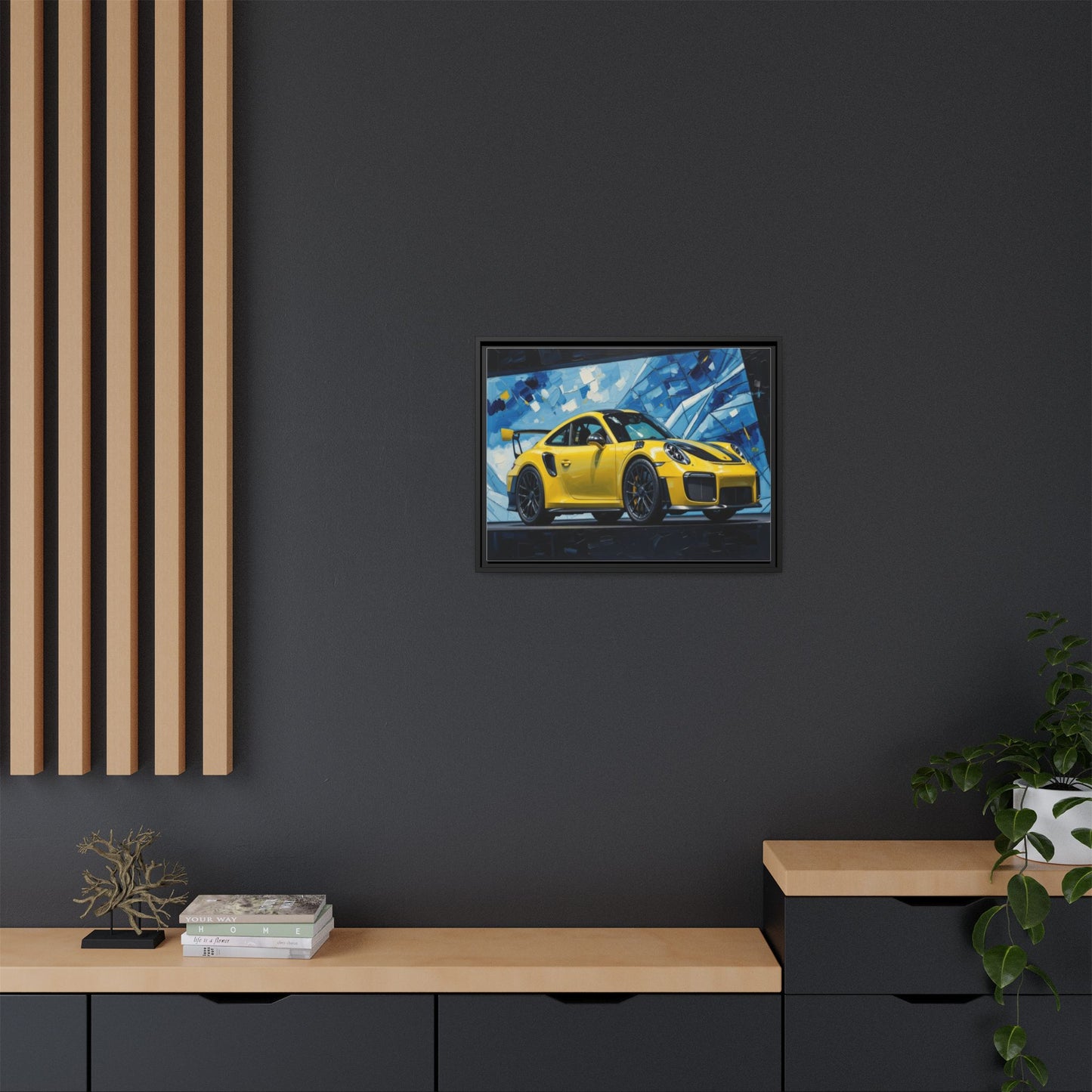 Yellow Porsche Sports Car Matte Framed Canvas – Modern Automotive Wall Art