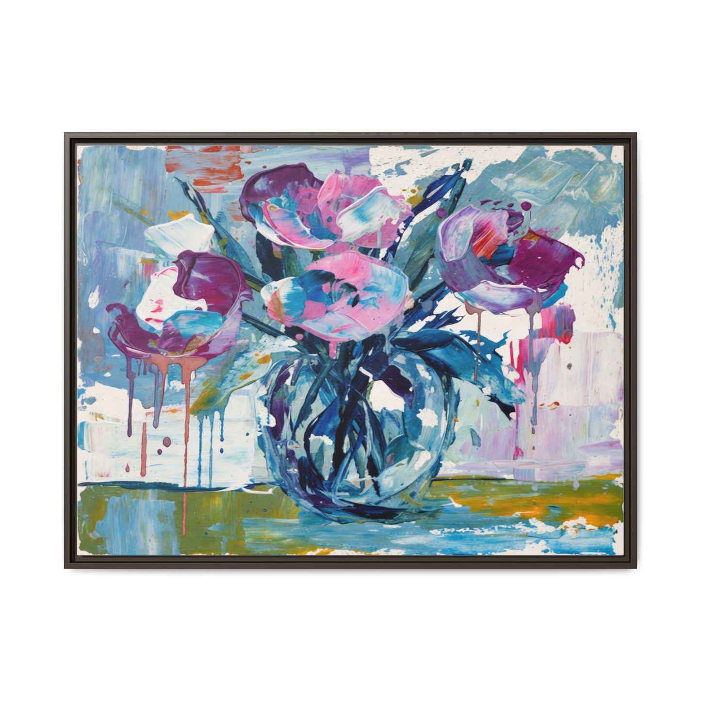 Framed Floral Canvas Art — Abstract Pink & Blue Bouquet