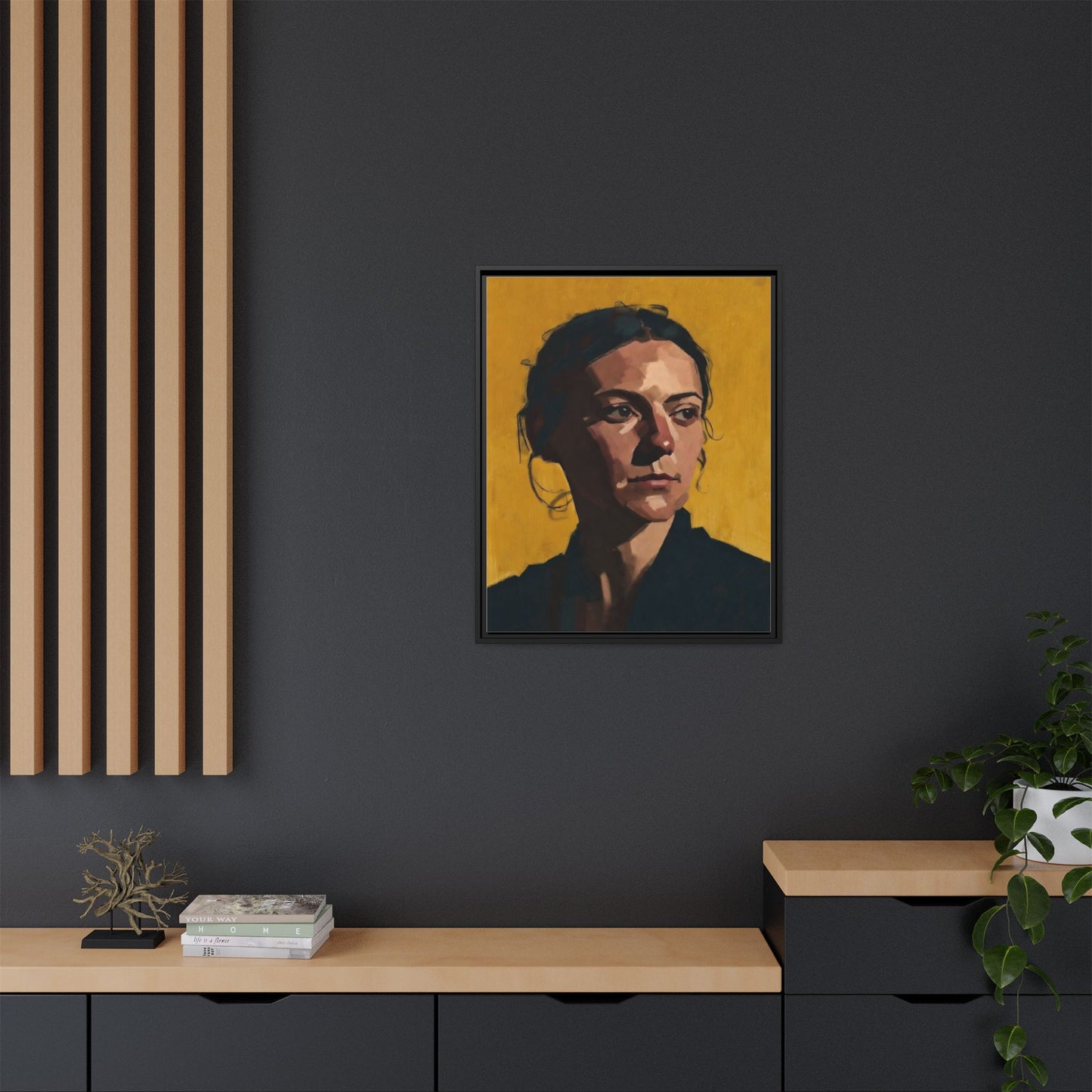 Framed Matte Canvas Portrait Art — Moody Woman on Mustard Background