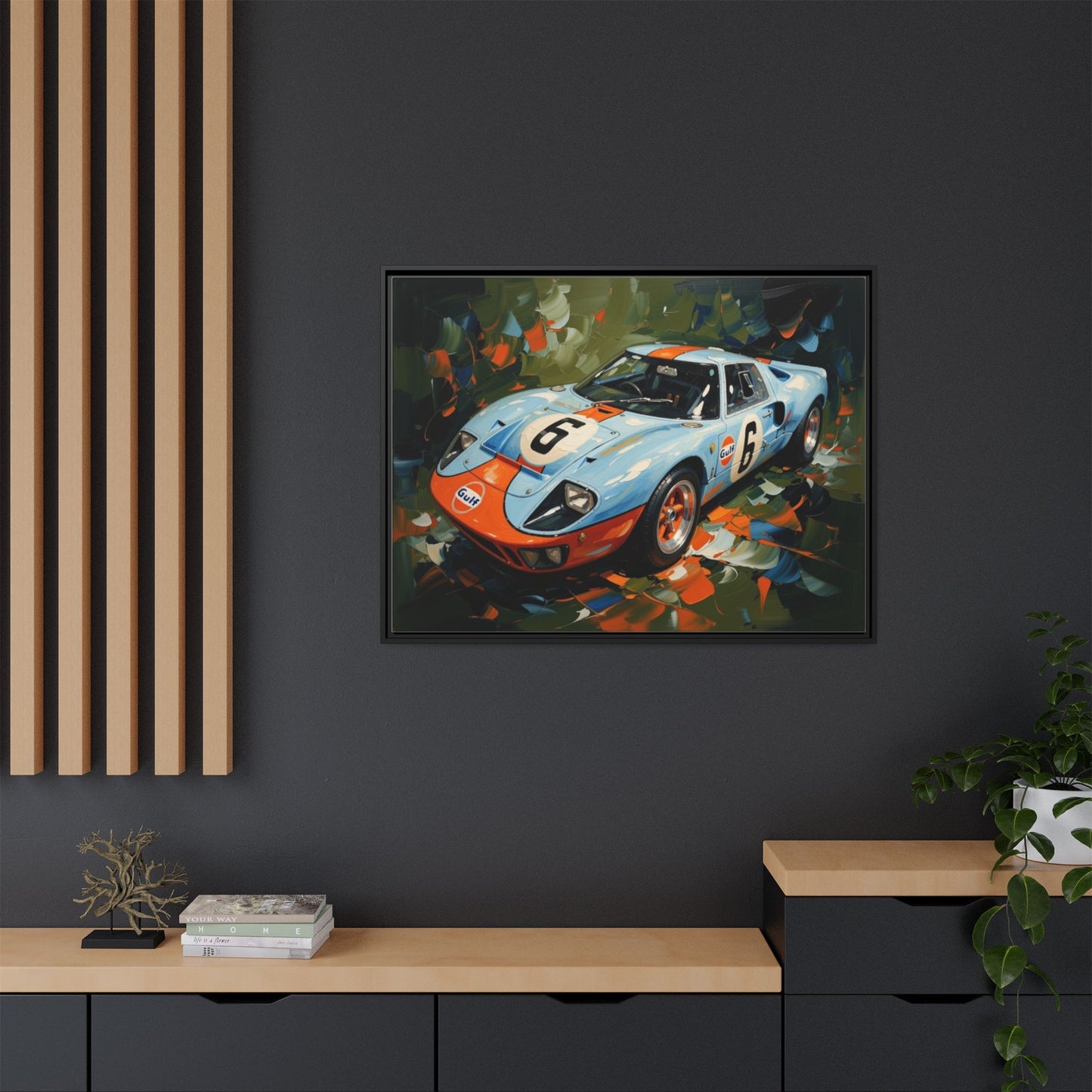Gulf Racing GT40 Matte Framed Canvas — Vintage Sports Car Wall Art