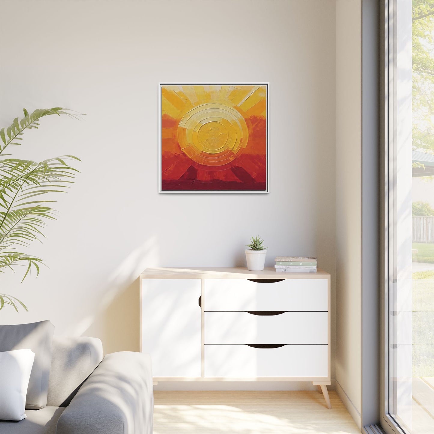 Sunburst Abstract Framed Canvas Art — Matte Multi‑Color Wall Print
