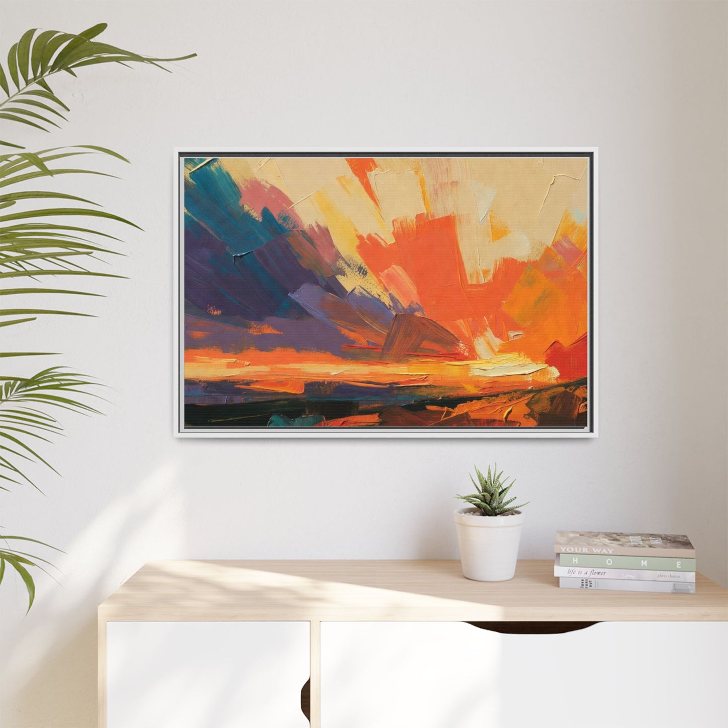 Framed Abstract Sunset Canvas Art – Multicolor Matte Wall Decor