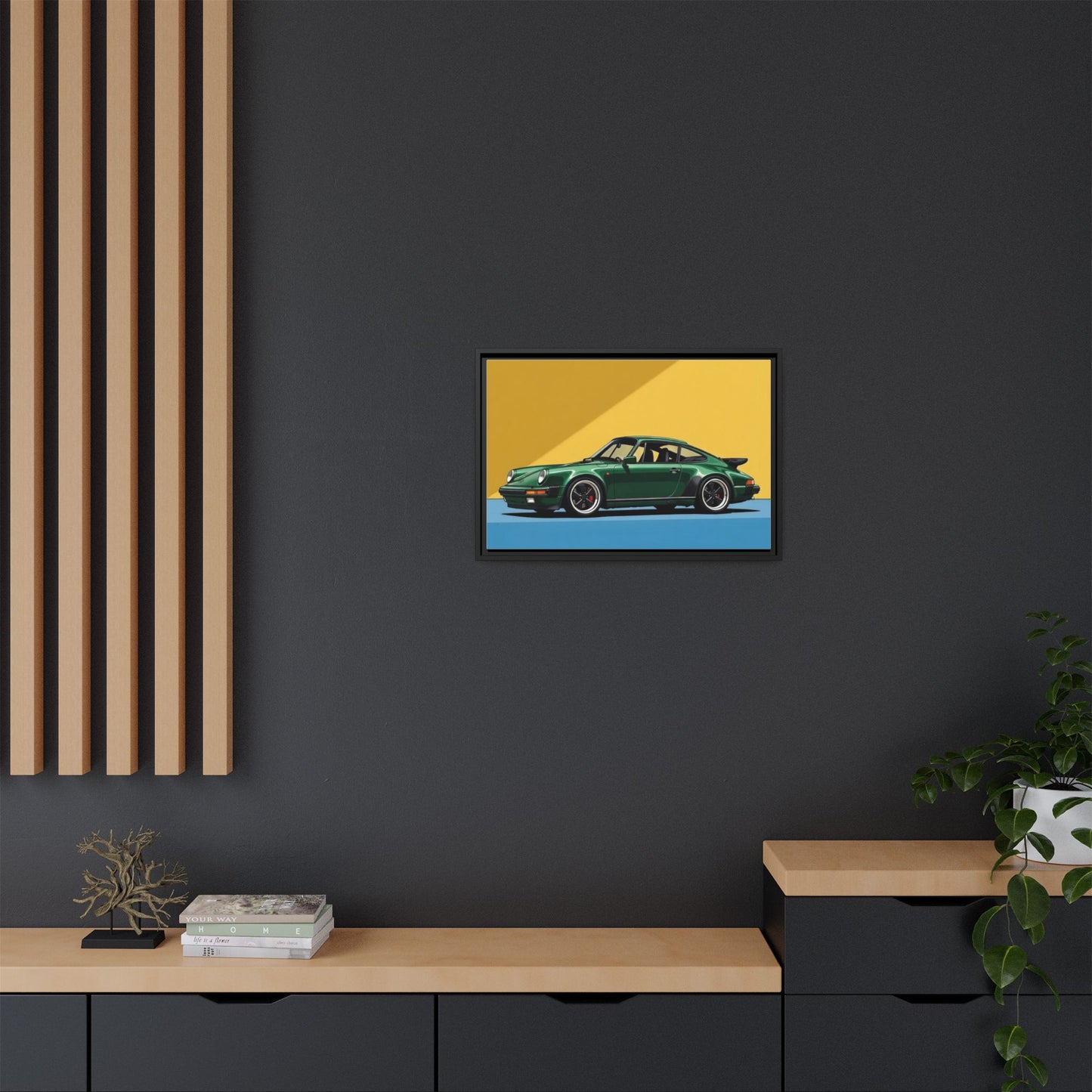 Framed Matte Canvas — Green Sports Car Wall Art