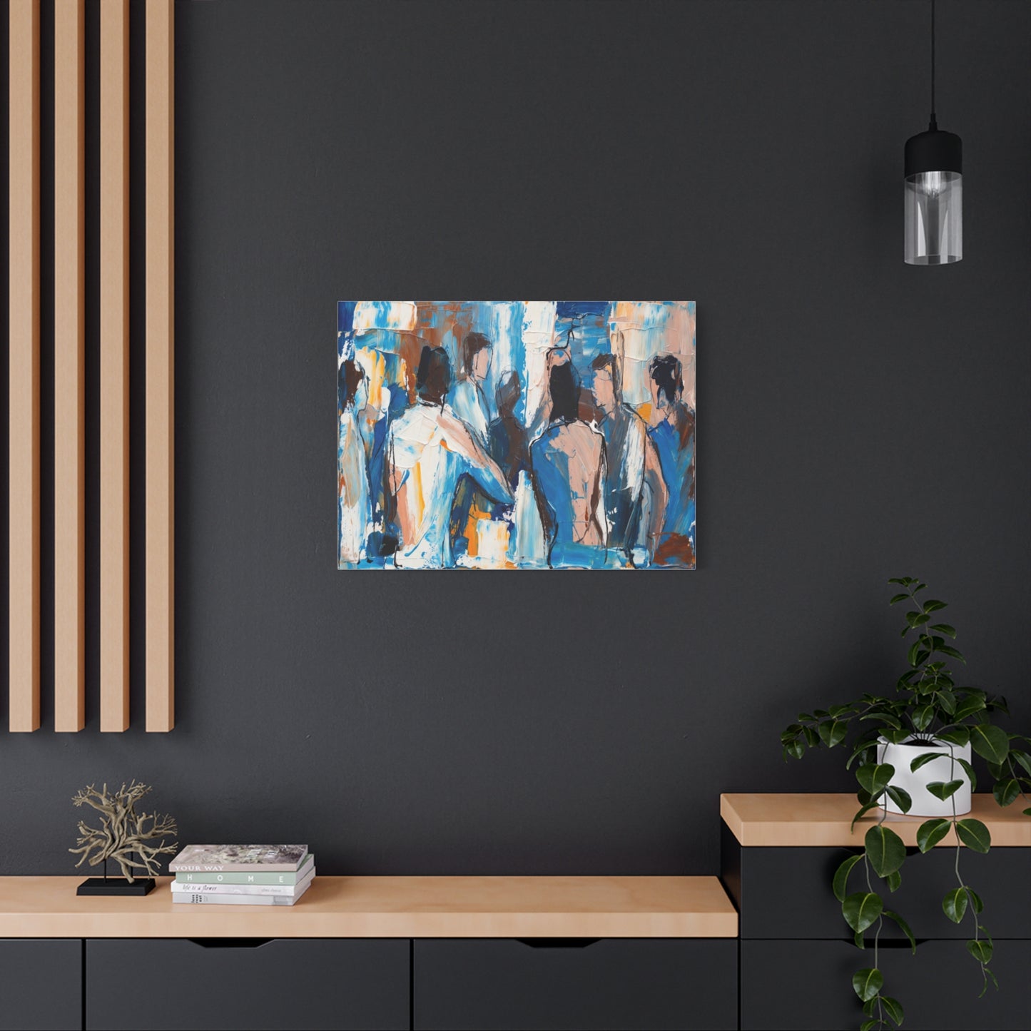 Abstract Figurative Canvas Art — Blue Social Scene Matte Stretched Canvas